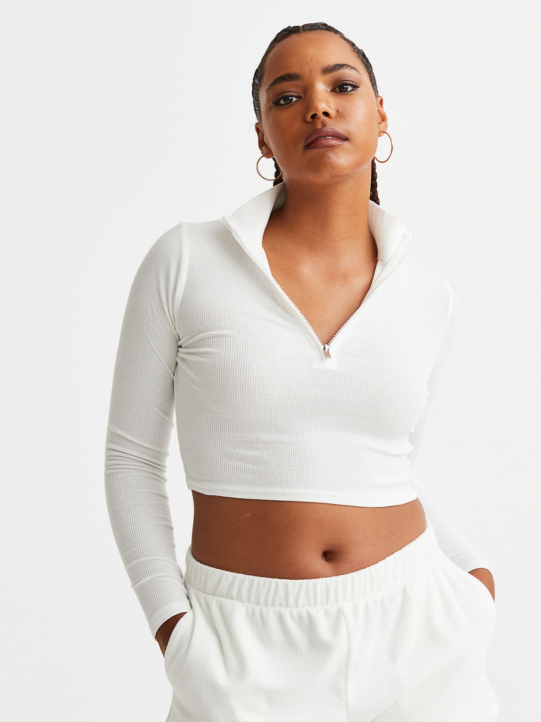 

H&M Women Zip-Top Cropped Top, White