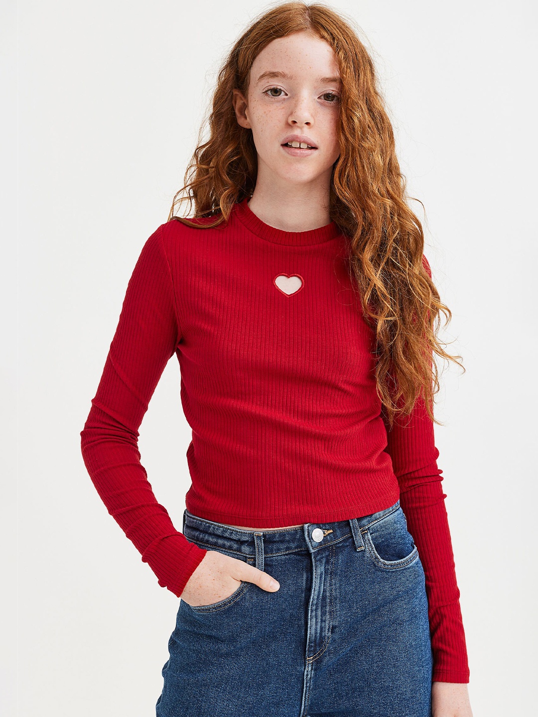 

H&M Kids Solid Round Neck Cotton Blend Top, Red
