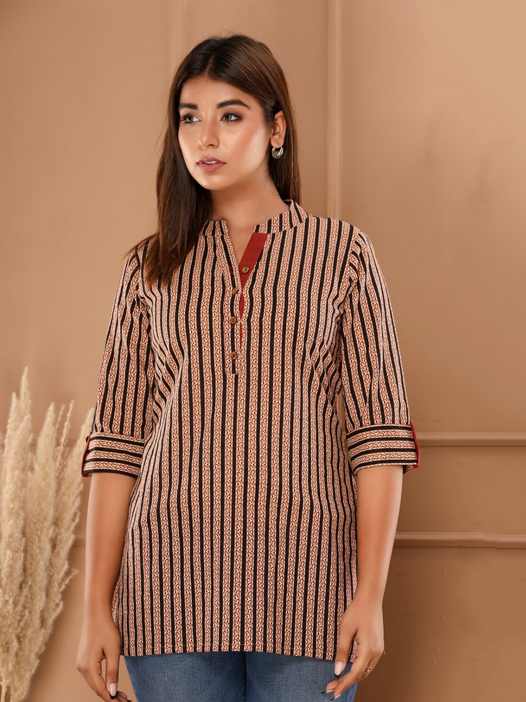 

SVARCHI Women Striped Mandarin Collar Cambric Cotton Tunic, Black