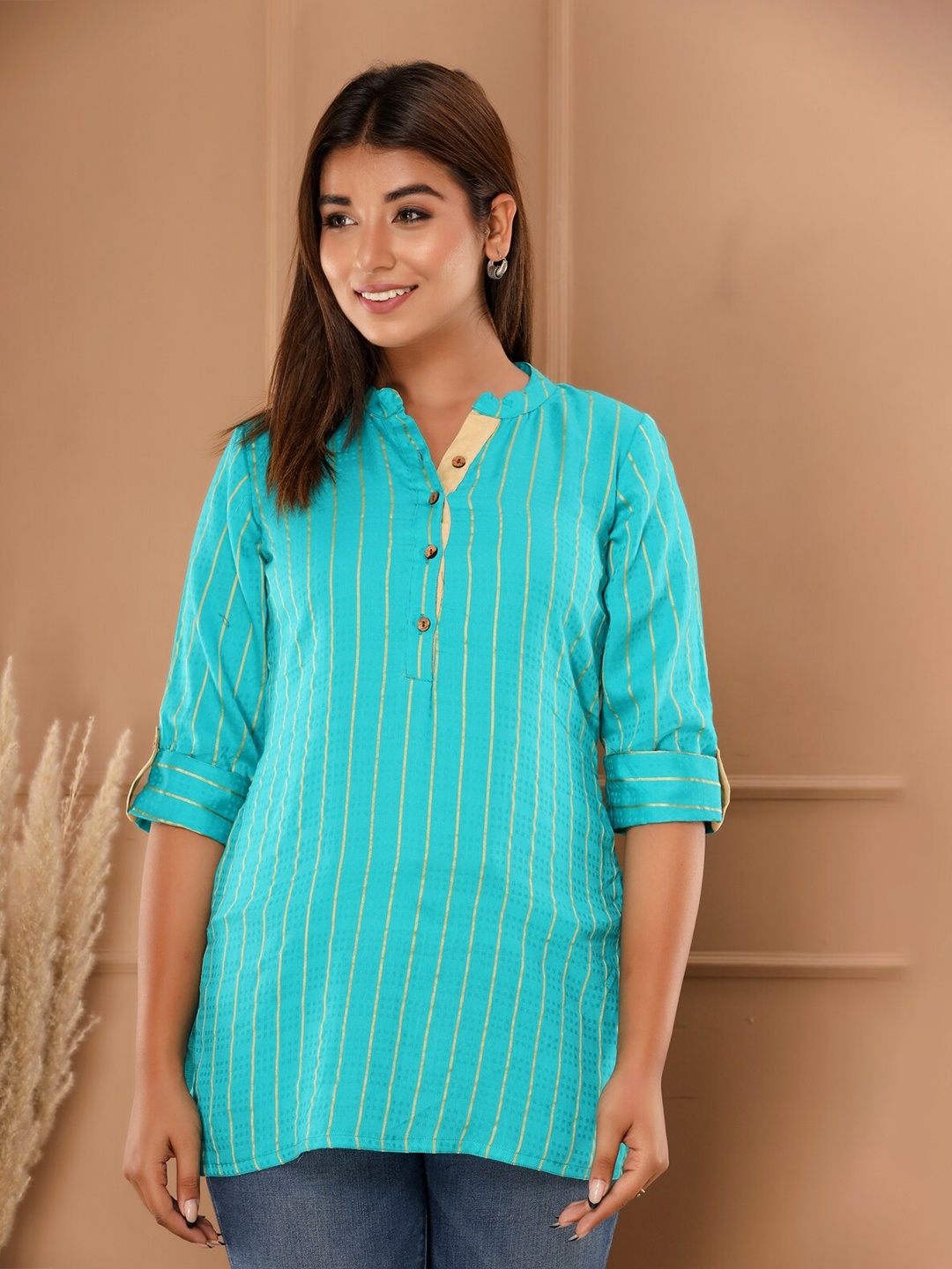 

SVARCHI Women Striped Mandarin Collar Cambric Cotton Tunic, Turquoise blue