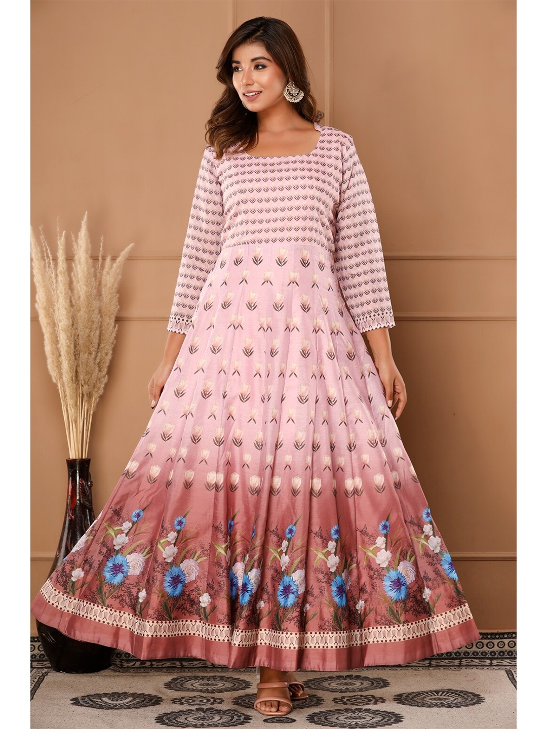 

SVARCHI Women Ethnic Motifs A-Line Maxi Dress with Dupatta, Pink