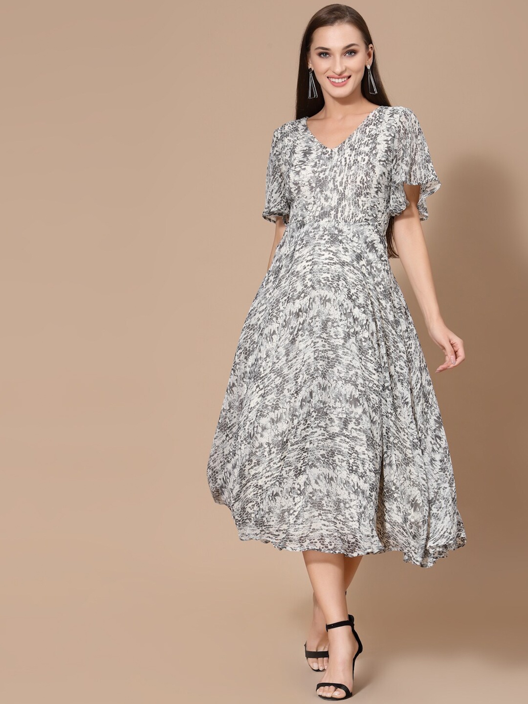

Strong And Brave Odour Free Georgette Printed Midi Dress, Beige