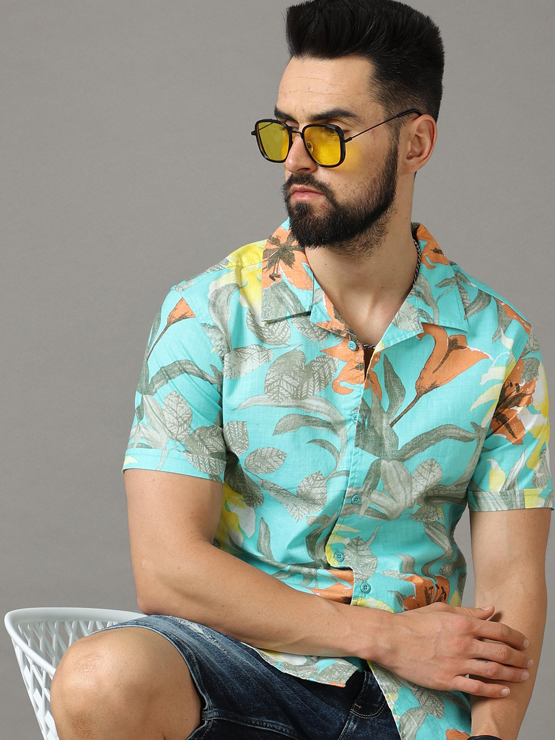 

HERE&NOW Men Slim Fit Floral Printed Casual Shirt, Blue