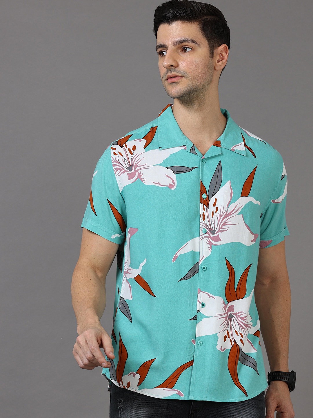 

HERE&NOW Men Slim Fit Floral Printed Casual Shirt, Green