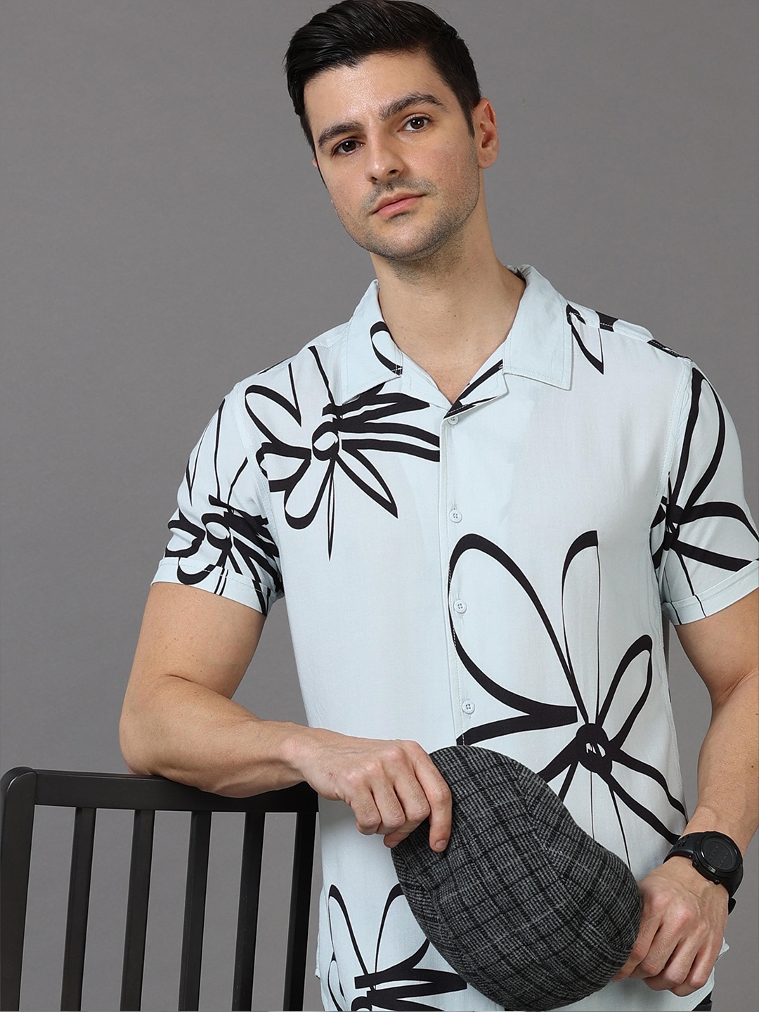 

HERE&NOW Slim Fit Floral Printed Cuban Collar Casual Shirt, Blue