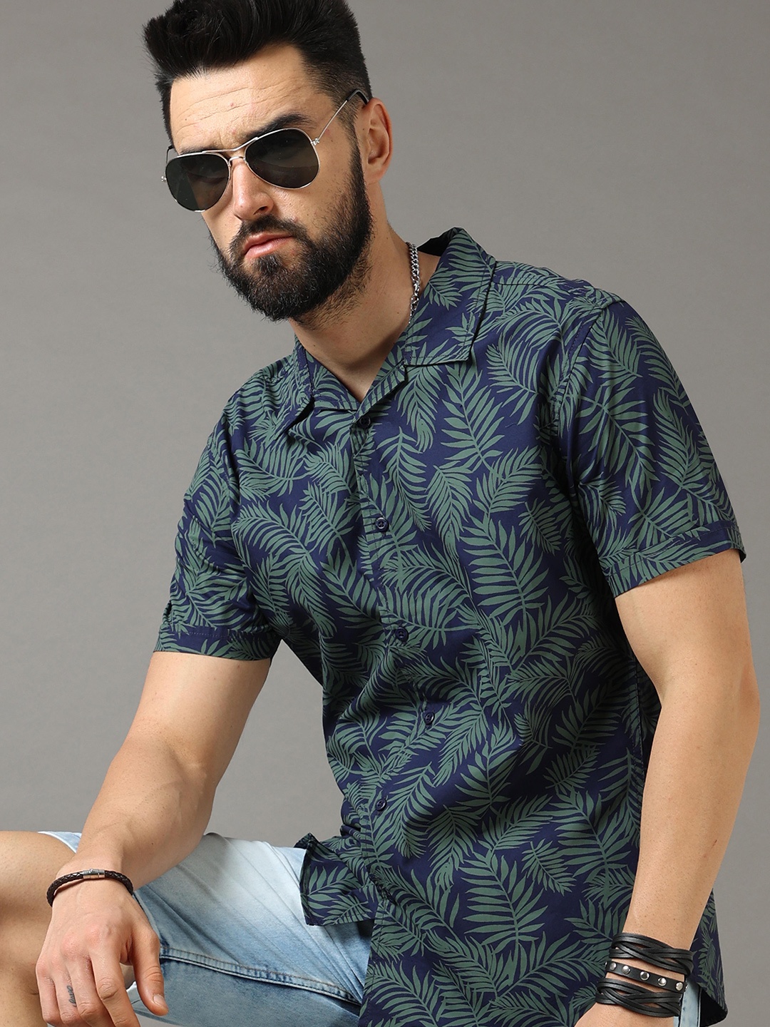 

HERE&NOW Men Slim Fit Floral Printed Casual Shirt, Navy blue