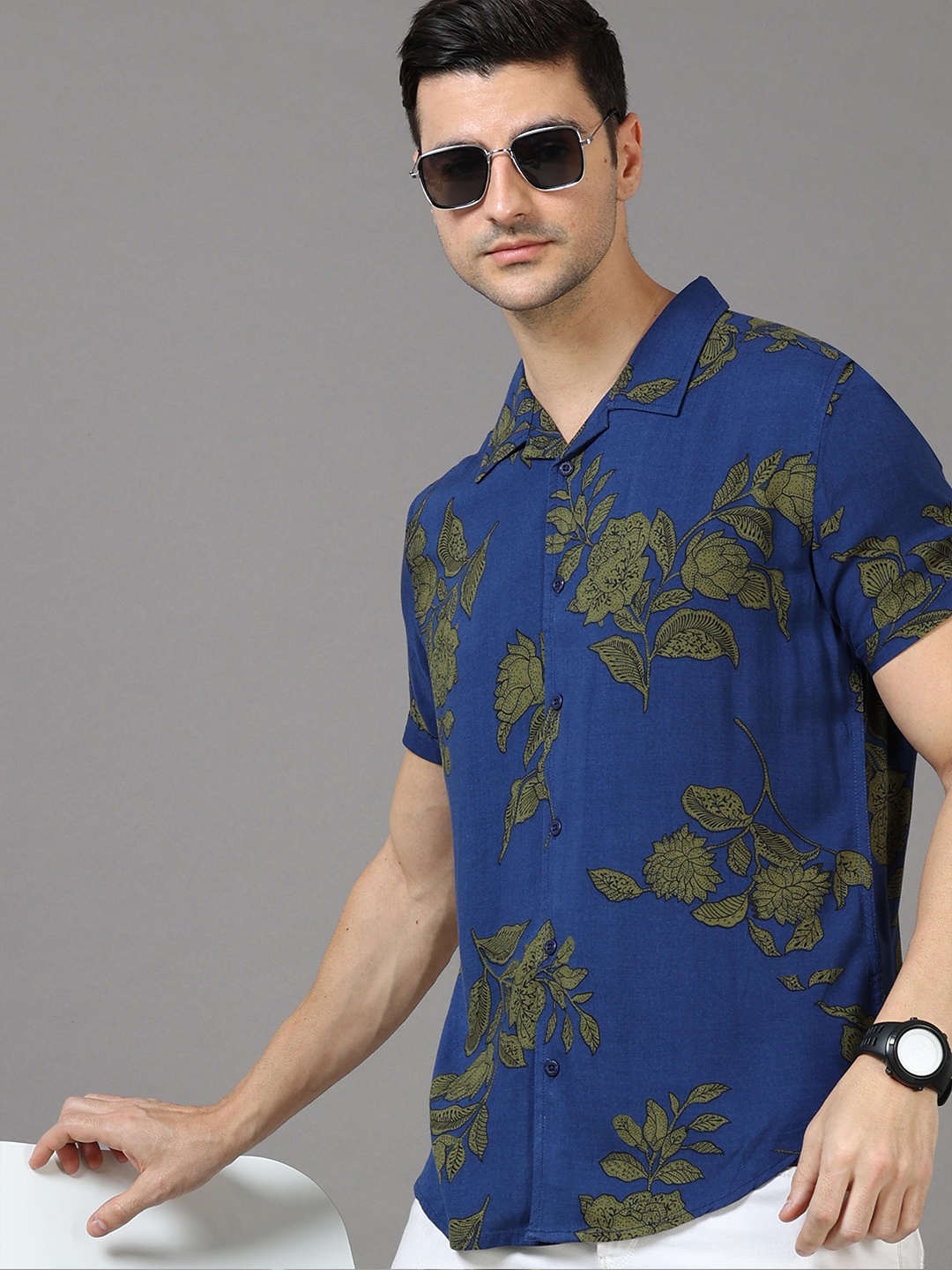 

HERE&NOW Men Slim Fit Floral Printed Casual Shirt, Blue