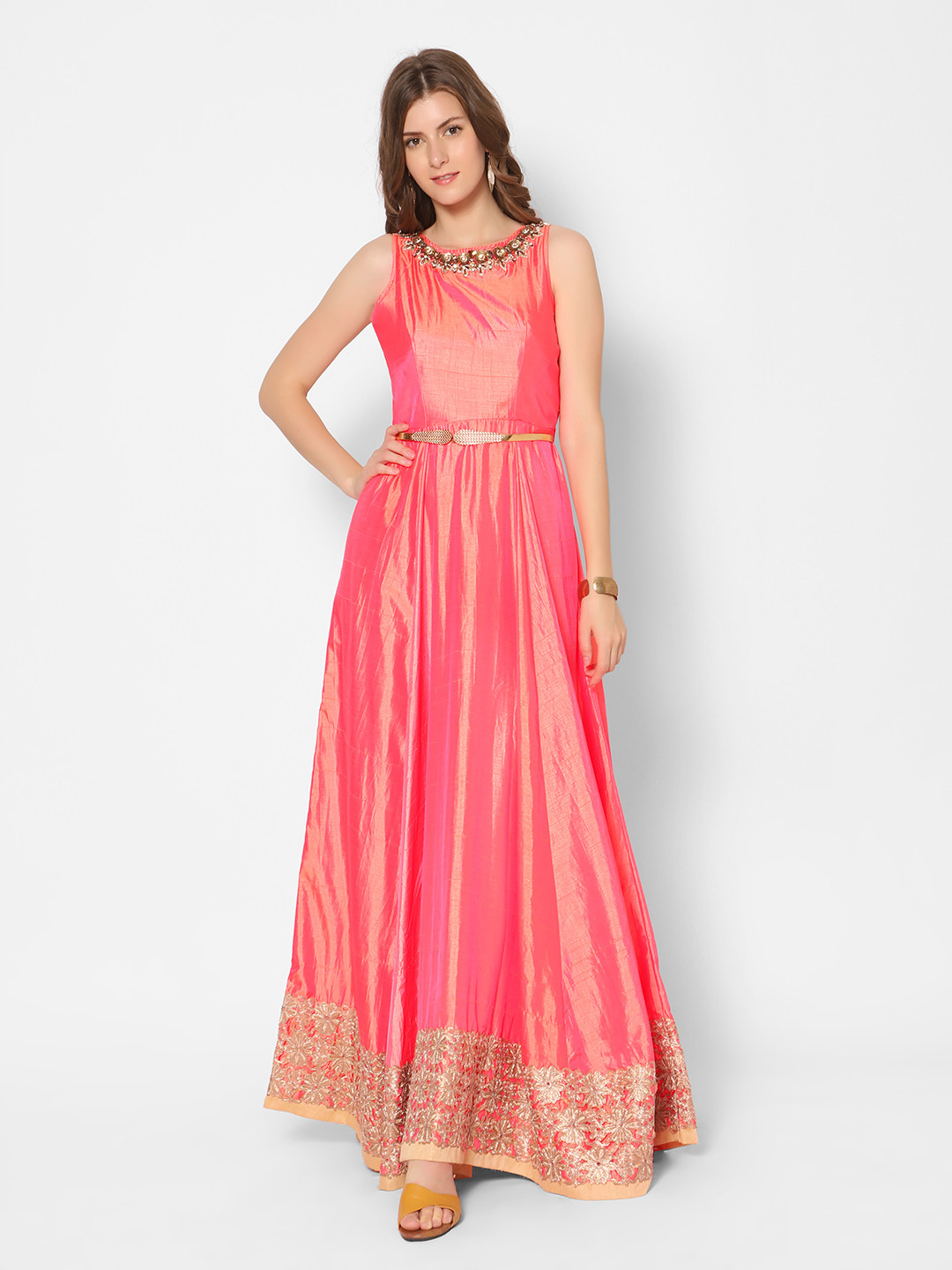 

Kiya Women Orange Fit & Flare Silk Embroidery Lace Ethnic Dresses