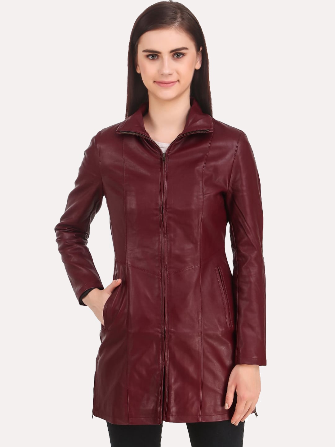 

Leather Retail Women Longline Parka Jacket, Red