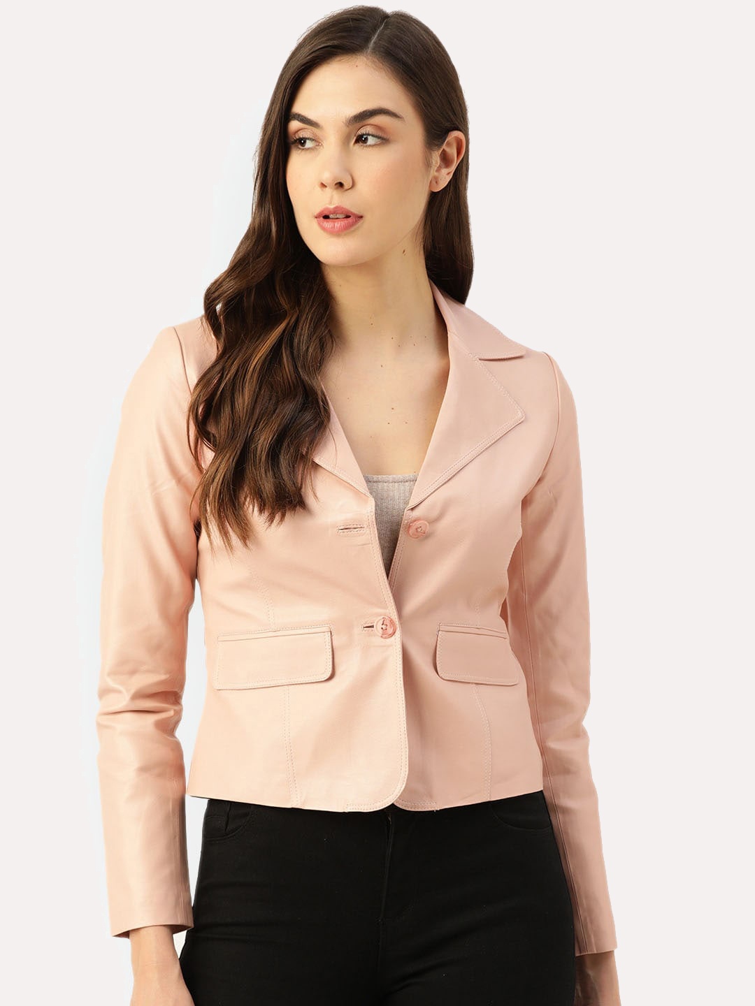 Leather Retail Women Crop Outdoor Tailored Jacket, Pink