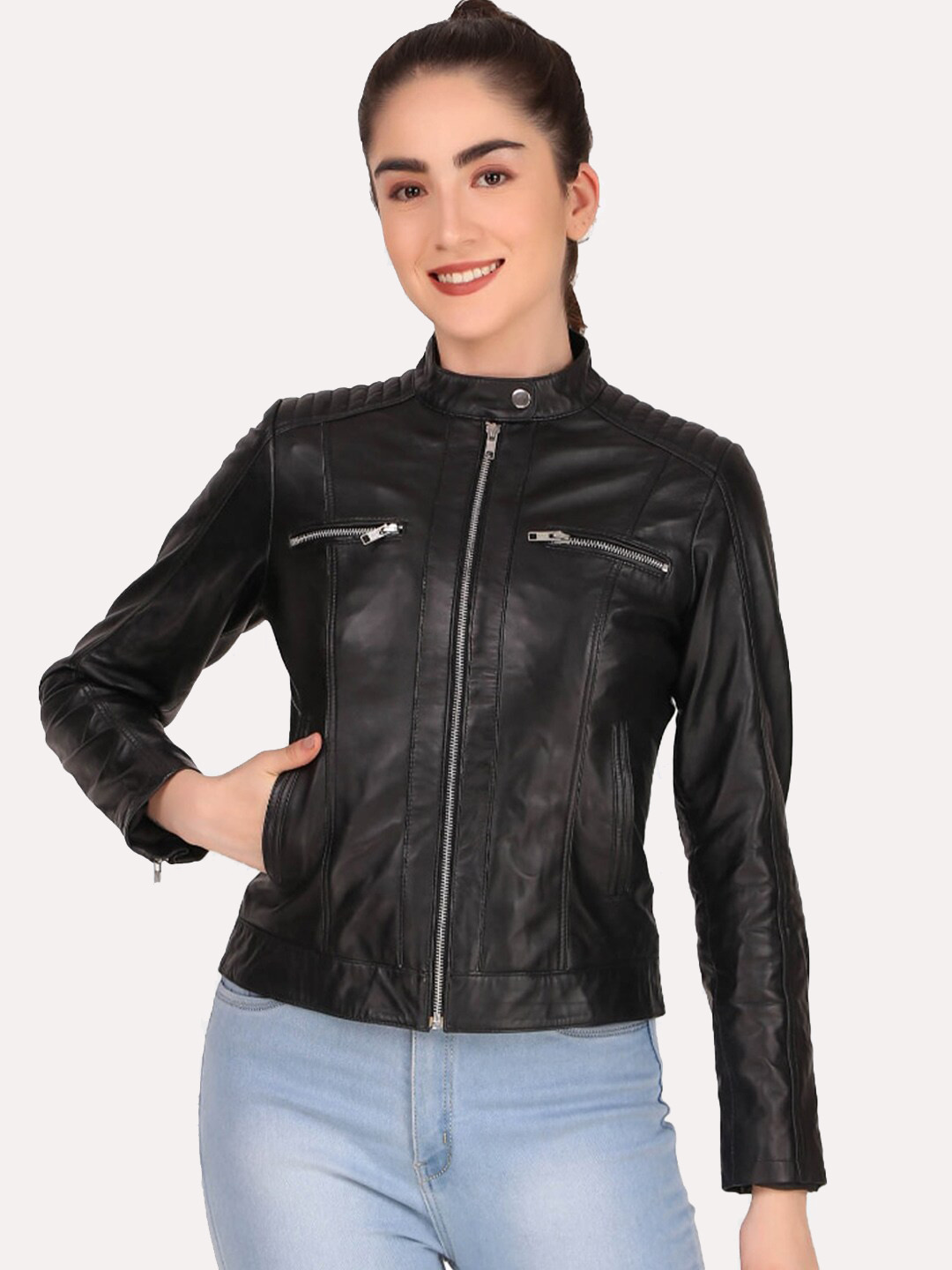 

Leather Retail Women Leather Crop Outdoor Biker Jacket, Black