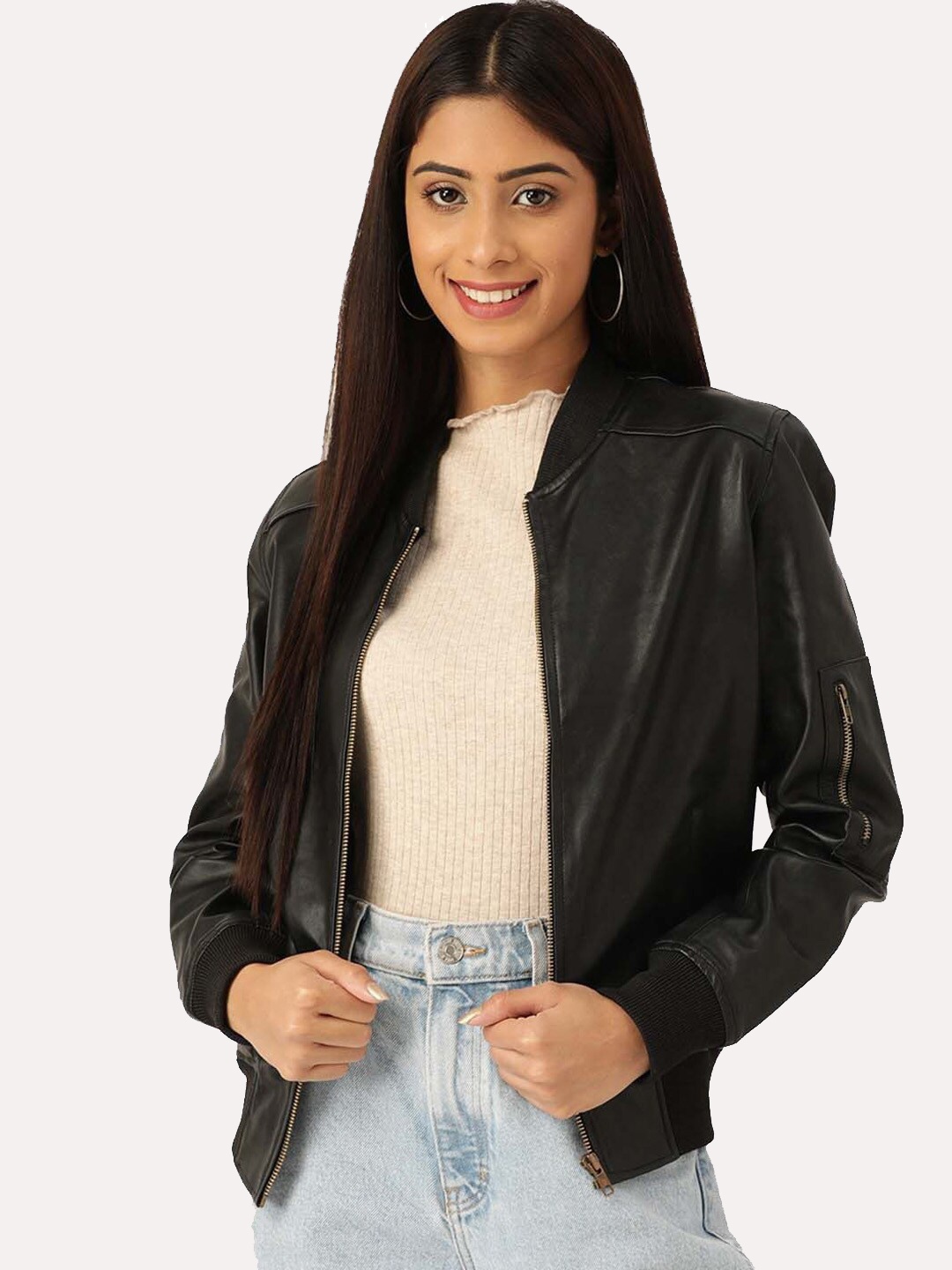 

Leather Retail Women Crop Outdoor Bomber Jacket, Black