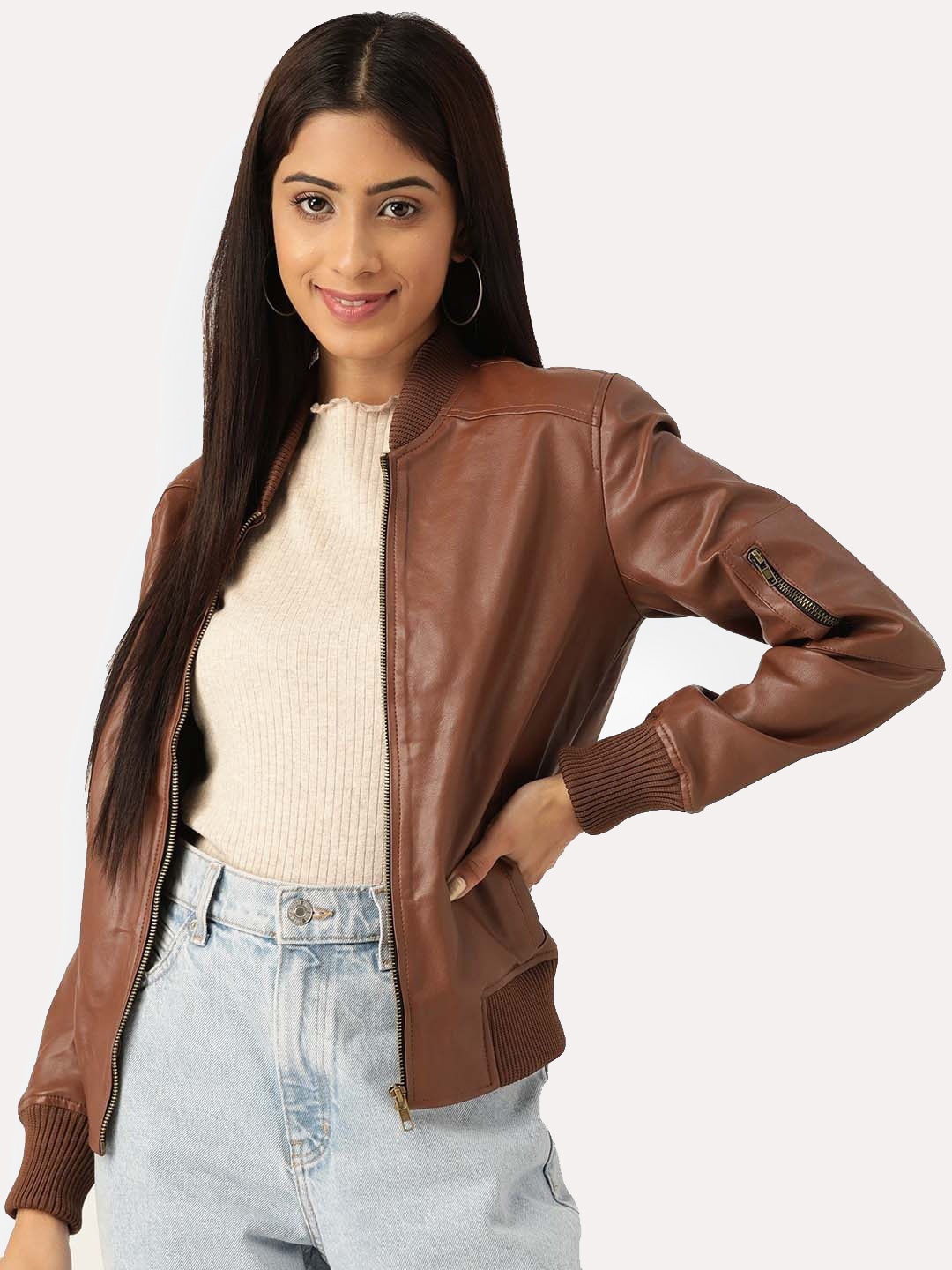 

Leather Retail Women Outdoor Bomber Jacket, Brown