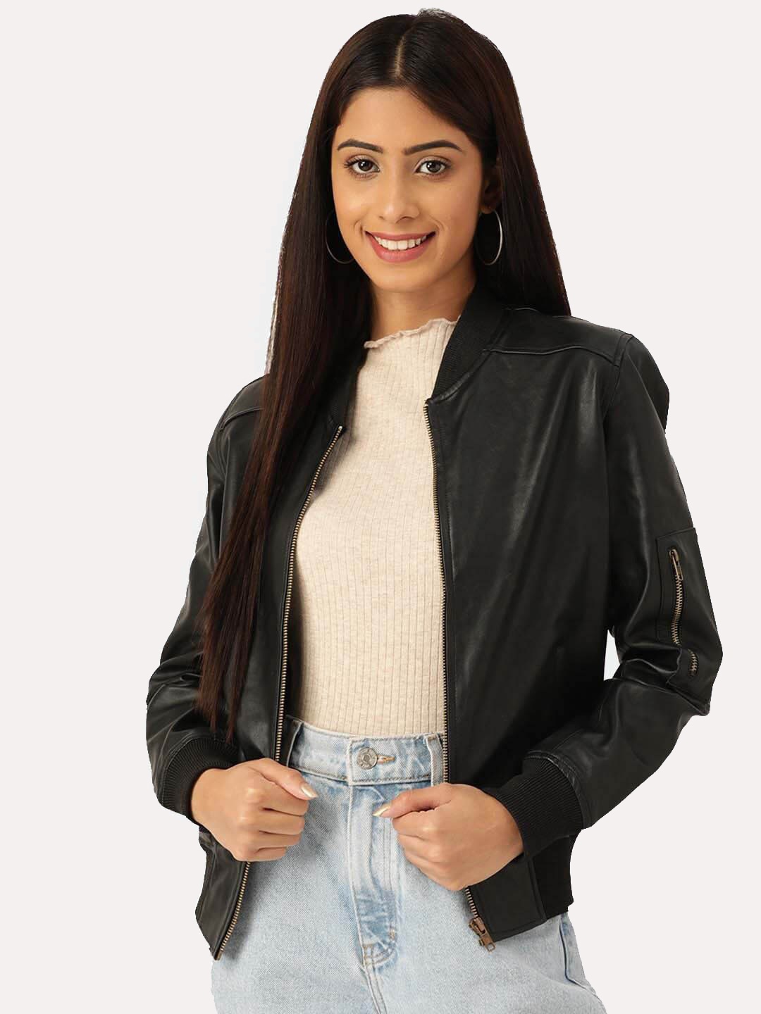 

Leather Retail Women Outdoor Bomber Jacket, Black