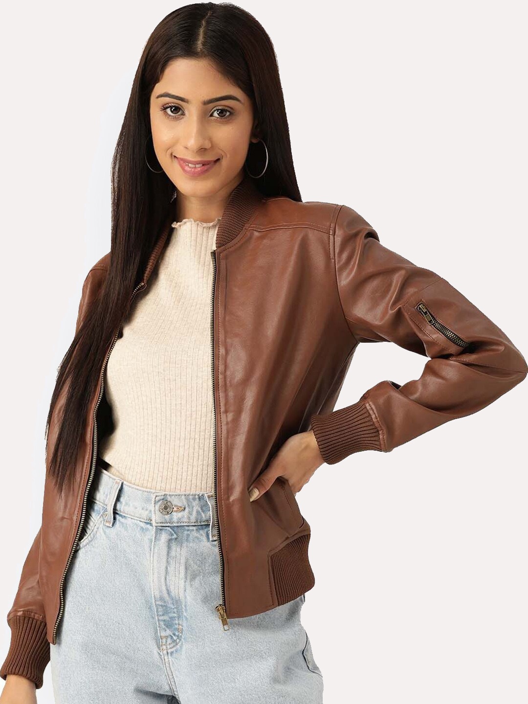 

Leather Retail Women Outdoor Bomber Jacket, Brown