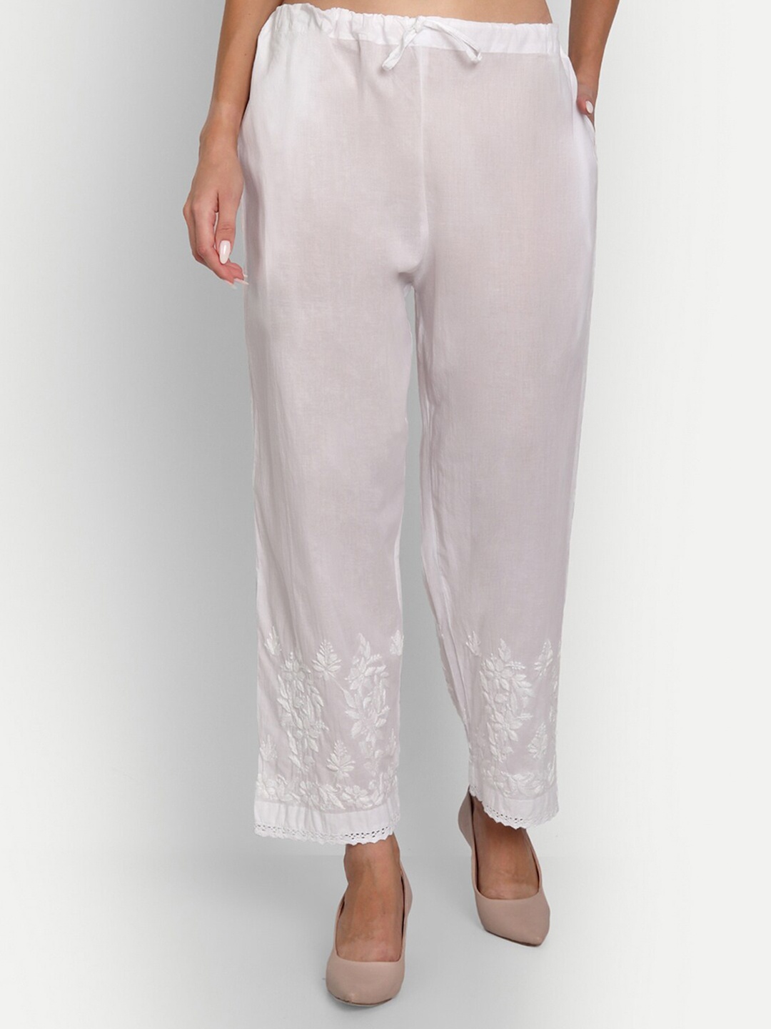

Indiankala4u Women White Cotton Embroidered Ethnic Palazzos