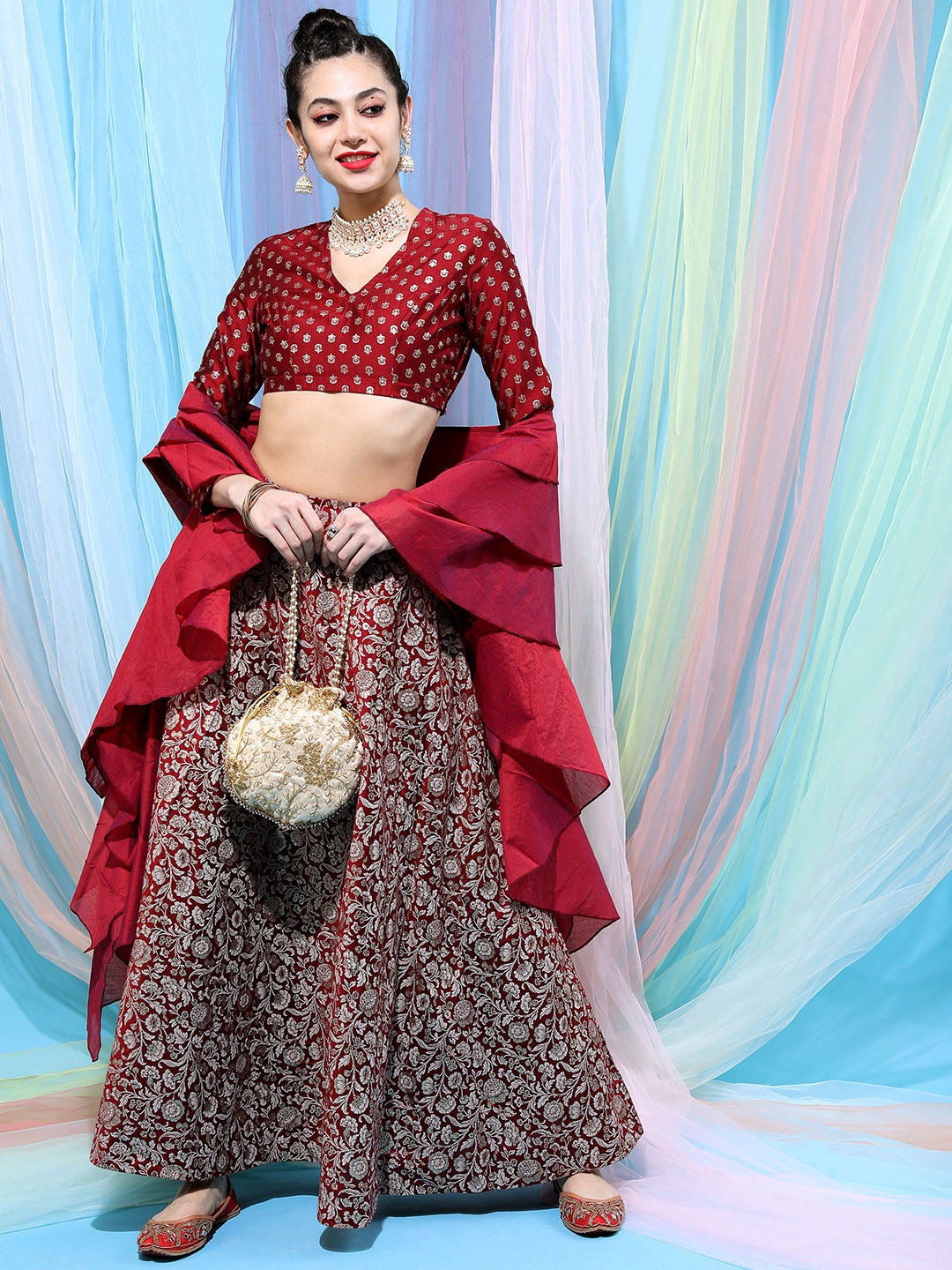 

Vishudh Floral Printed V-Neck Ready To Wear Lehenga Choli, Maroon
