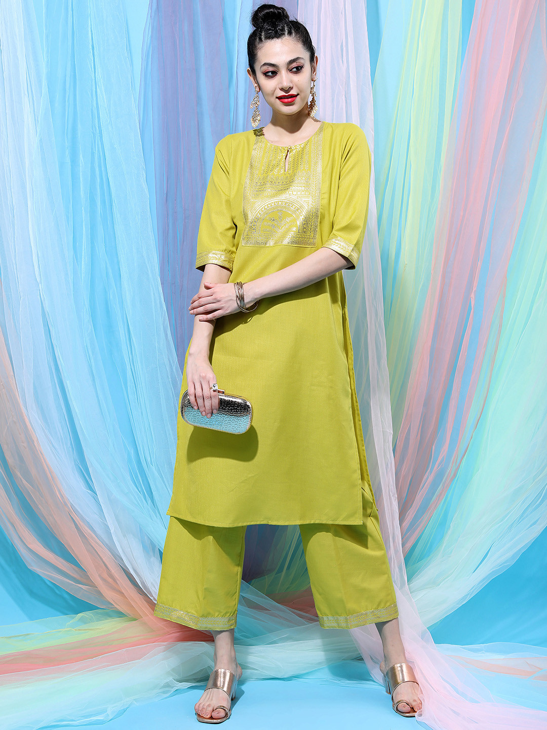

Vishudh Women Lime Green Ethnic Motifs Yoke Design Kurta with Palazzos