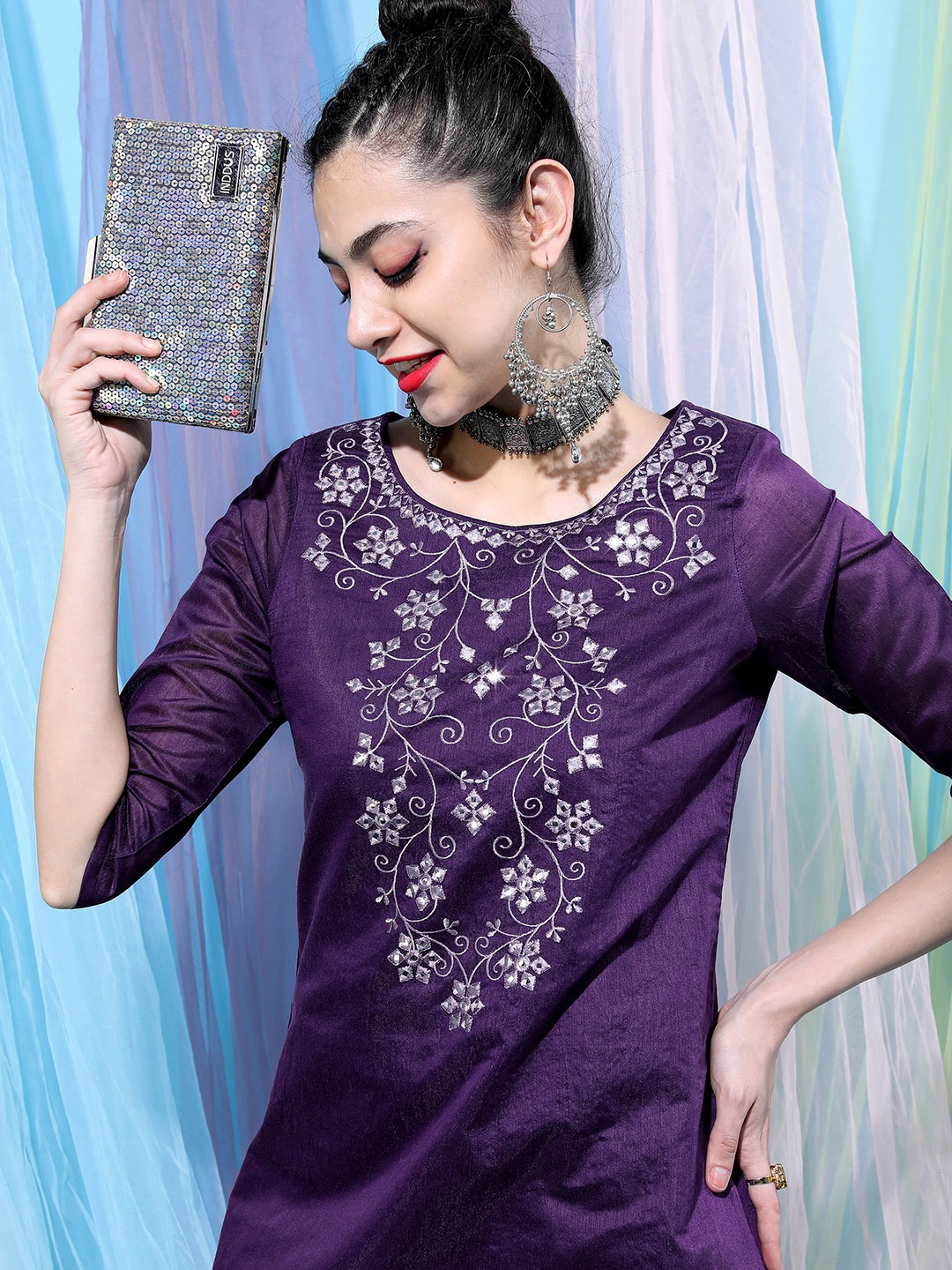 Vishudh Women Purple Embroidered Mirror Work Pure Cotton Kurta with Dhoti Pant