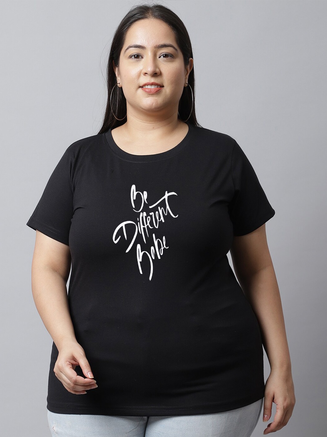 

UnaOne Women Plus Size Typography Printed Slim Fit Pure Cotton T-shirt, Black