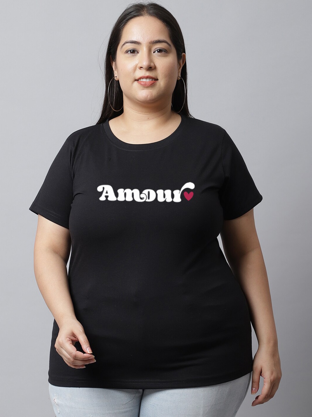 

UnaOne Women Plus Size Typography Printed Slim Fit Pure Cotton T-shirt, Black