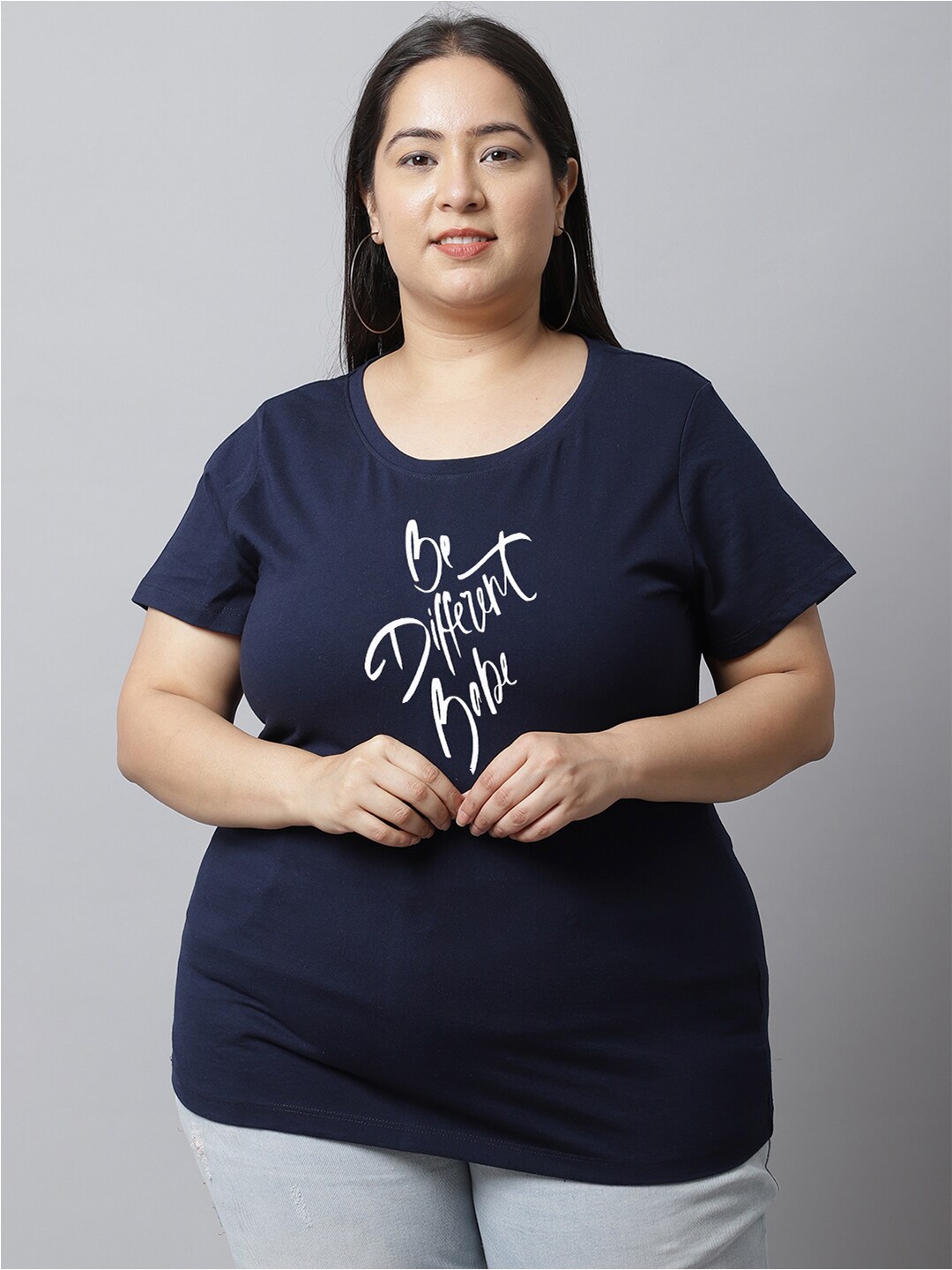 UnaOne Women Plus Size Typography Printed Slim Fit Pure Cotton T-shirt, Navy blue