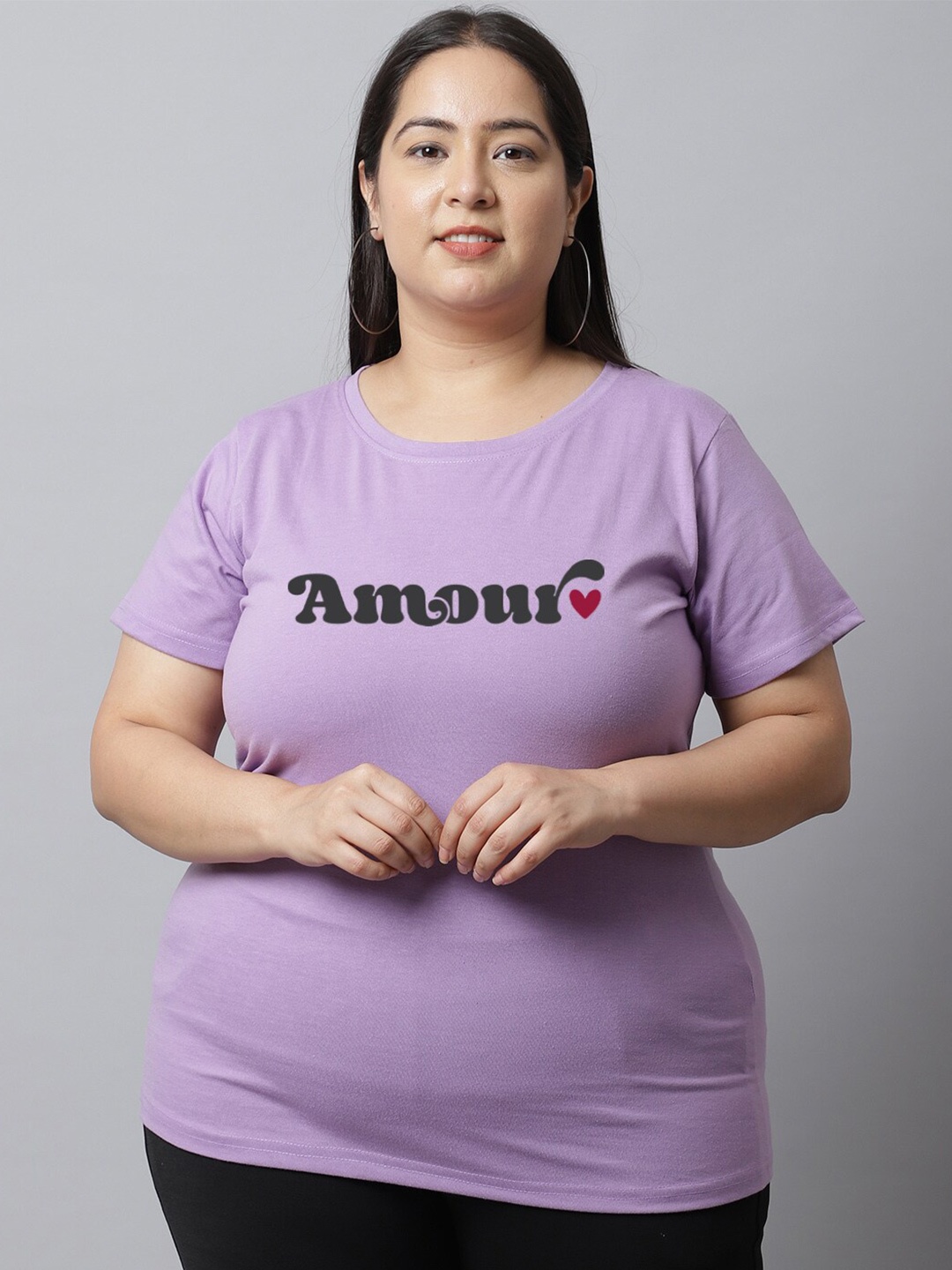 

UnaOne Women Plus Size Typography Printed Slim Fit Pure Cotton T-shirt, Lavender