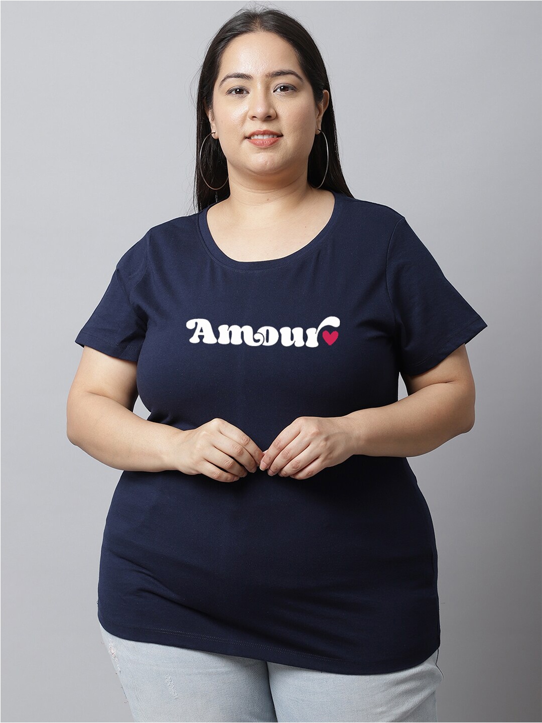 UnaOne Women Plus Size Typography Printed Slim Fit Pure Cotton T-shirt, Navy blue