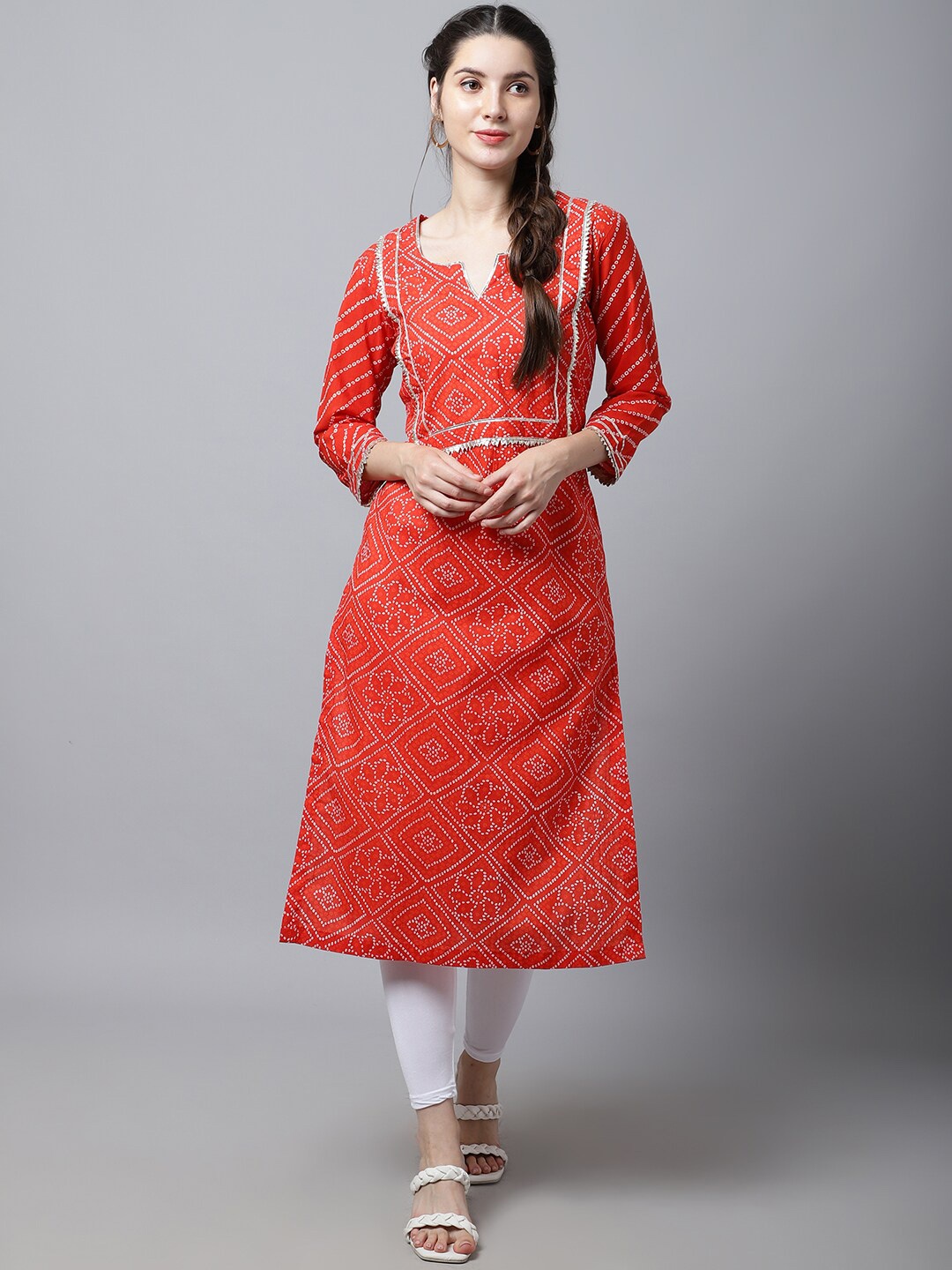 

anokherang Women Red Bandhani Printed Gotta Patti Kurta