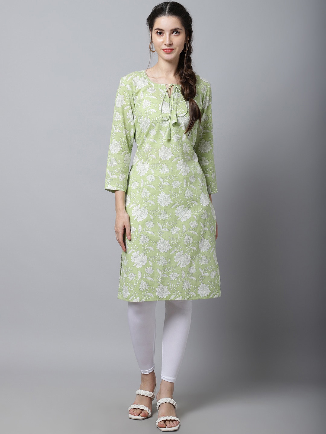 

anokherang Women Green Floral Printed Keyhole Neck Straight Cotton Kurta