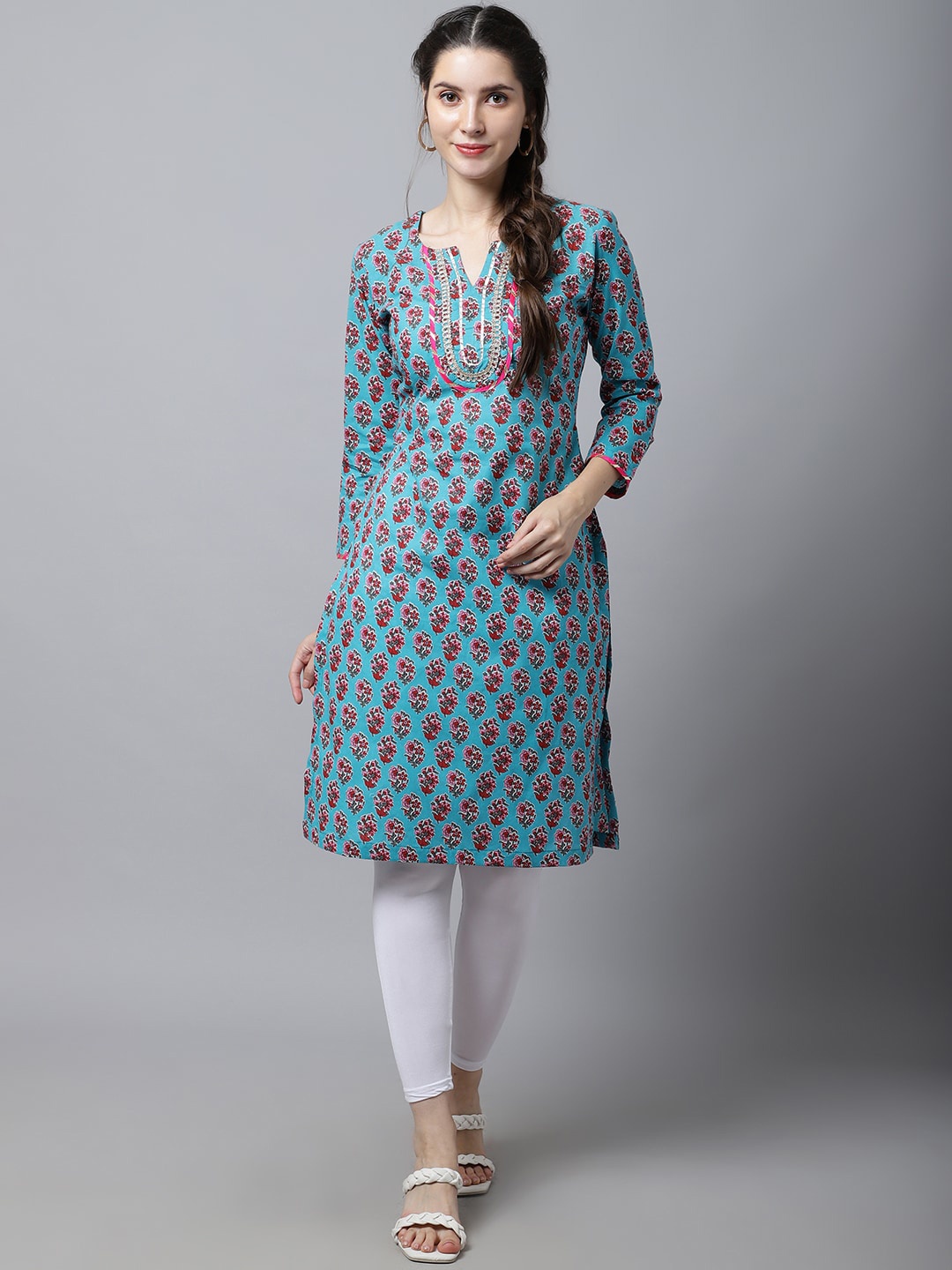 

anokherang Women Blue Floral Printed Gotta Patti Straight Cotton Kurta