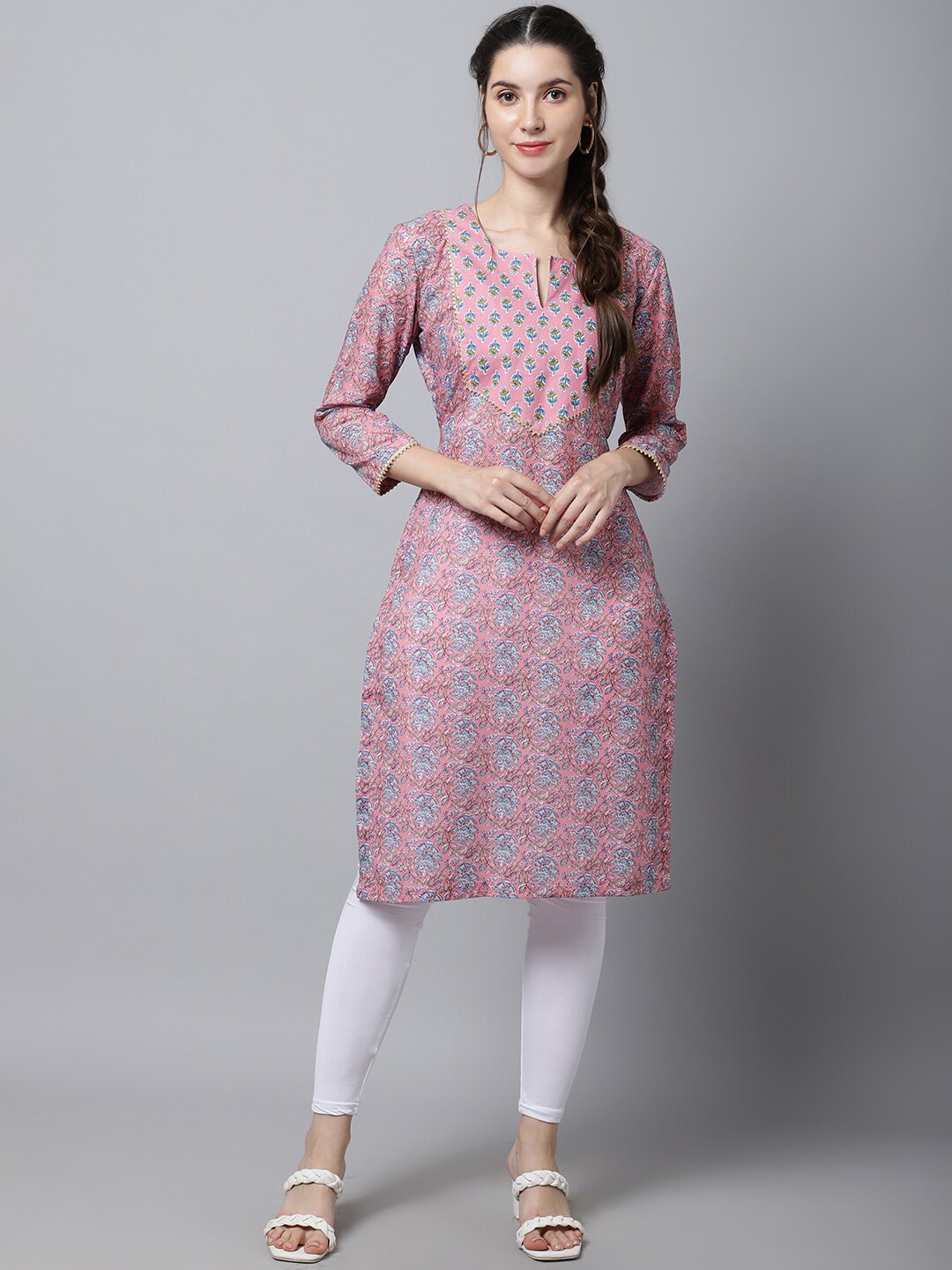 

anokherang Women Pink Floral Printed Gotta Patti Cotton Kurta