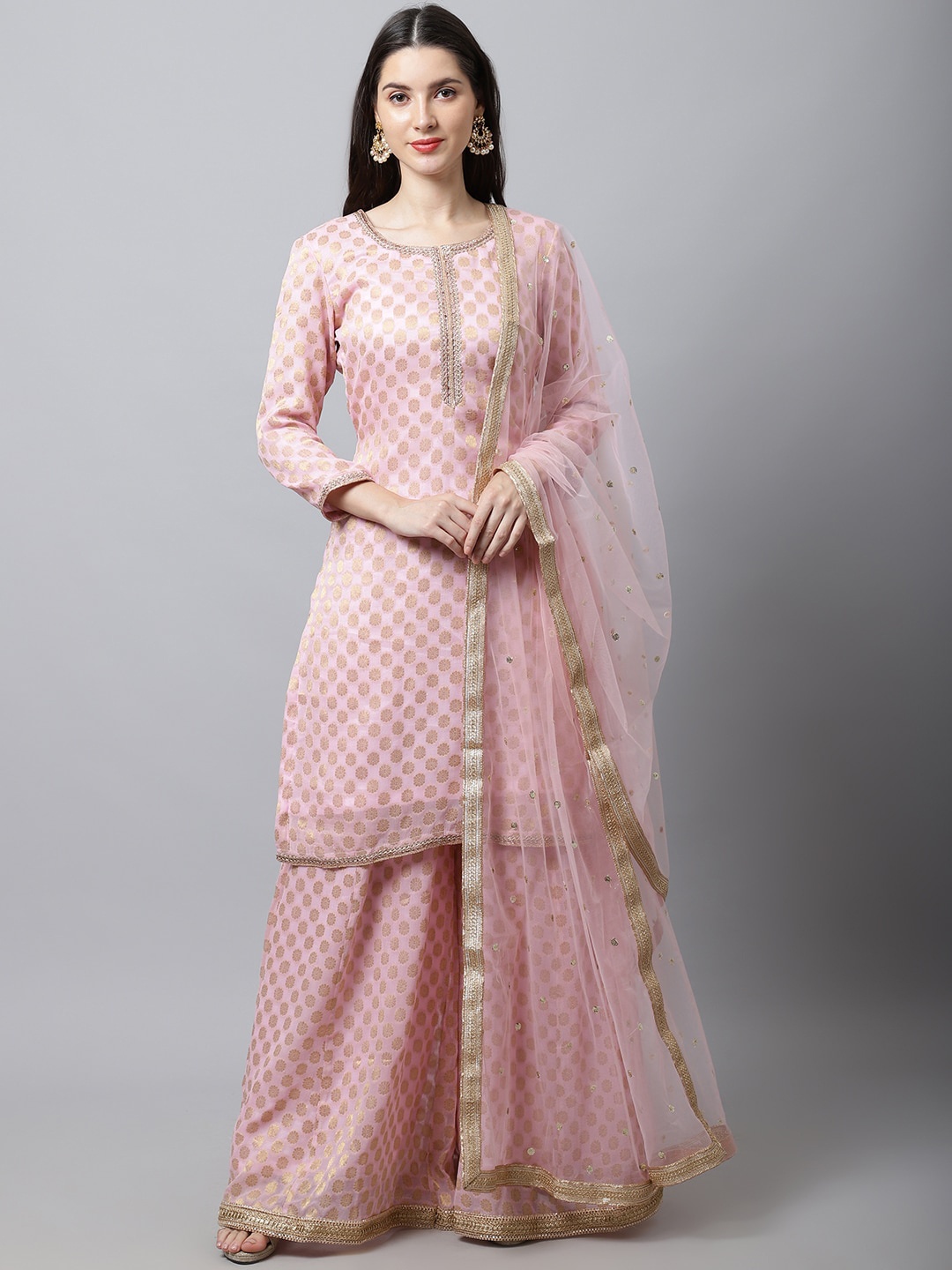 

anokherang Women Pink Ethnic Motifs Woven Design Banarasi Kurta With Palazzo And Dupatta