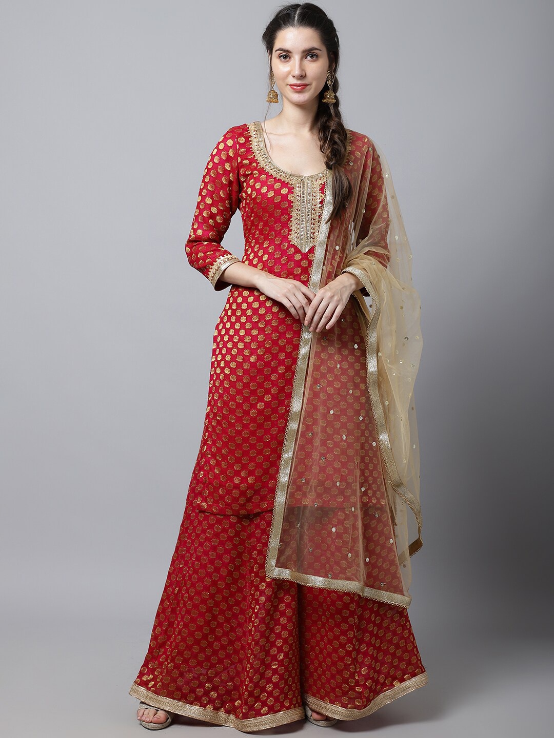 

anokherang Women Red Embroidered Silk Georgette Kurta with Palazzo & With Dupatta
