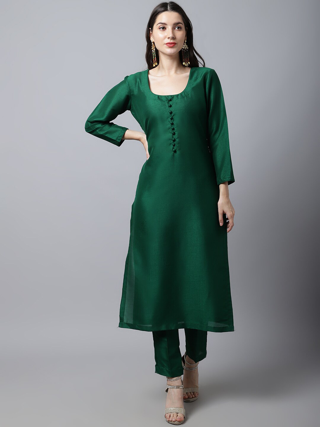 

anokherang Women Green Solid Kurta with Trousers