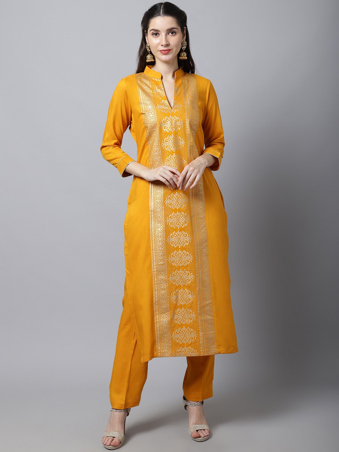 

anokherang Women Mustard Yellow Ethnic Motifs Printed Kurta with Trousers