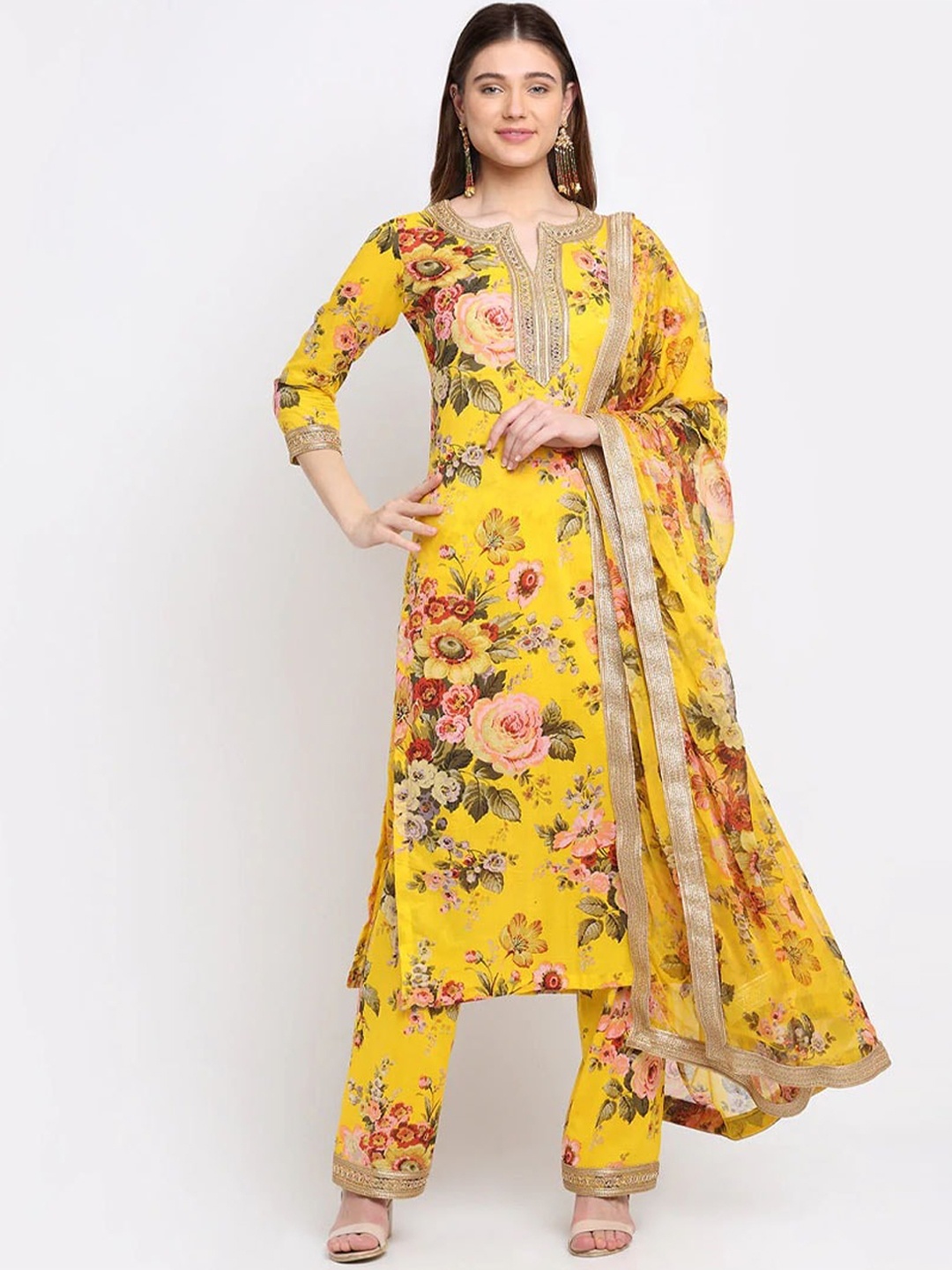 

anokherang Women Mustard Yellow Floral Printed Pure Cotton Kurta with Palazzos & With Dupatta