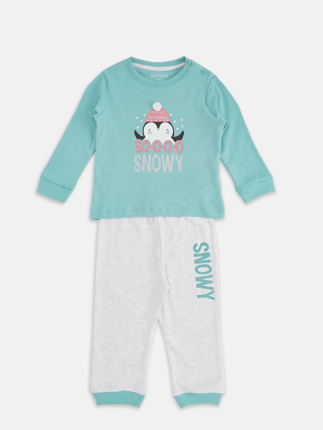 

Pantaloons Baby Girls Turquoise Blue & White Printed T-shirt with Pyjamas