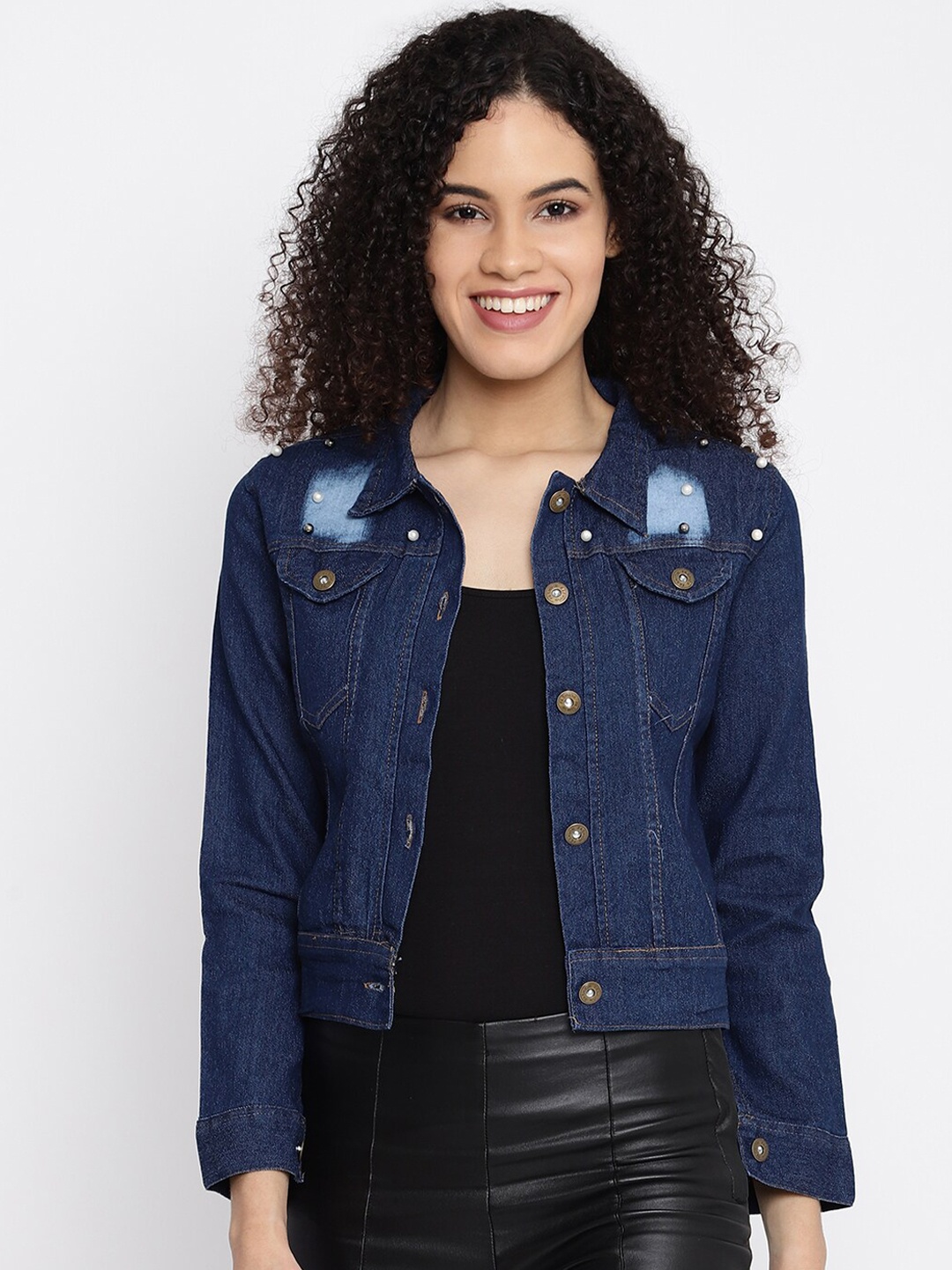 

Anaghakart Women Washed Crop Denim Jacket, Navy blue