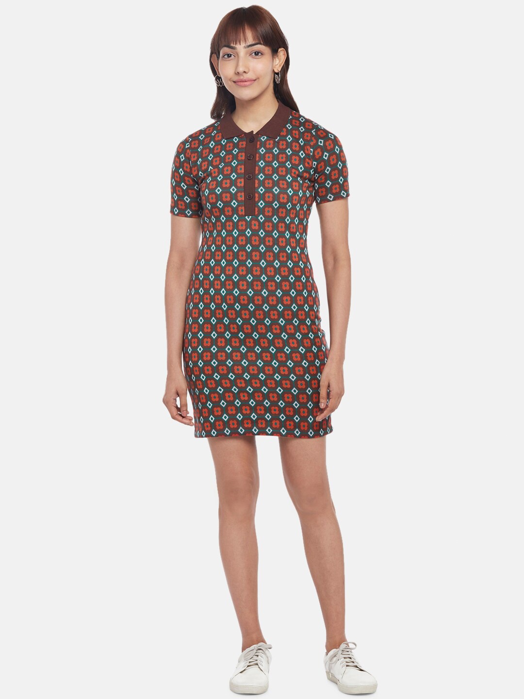 

People Women Cotton Printed T-shirt Dress, Rust