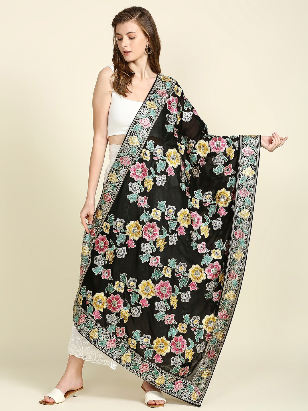 

Dupatta Bazaar Women Embroidered Dupatta with Zardozi, Black