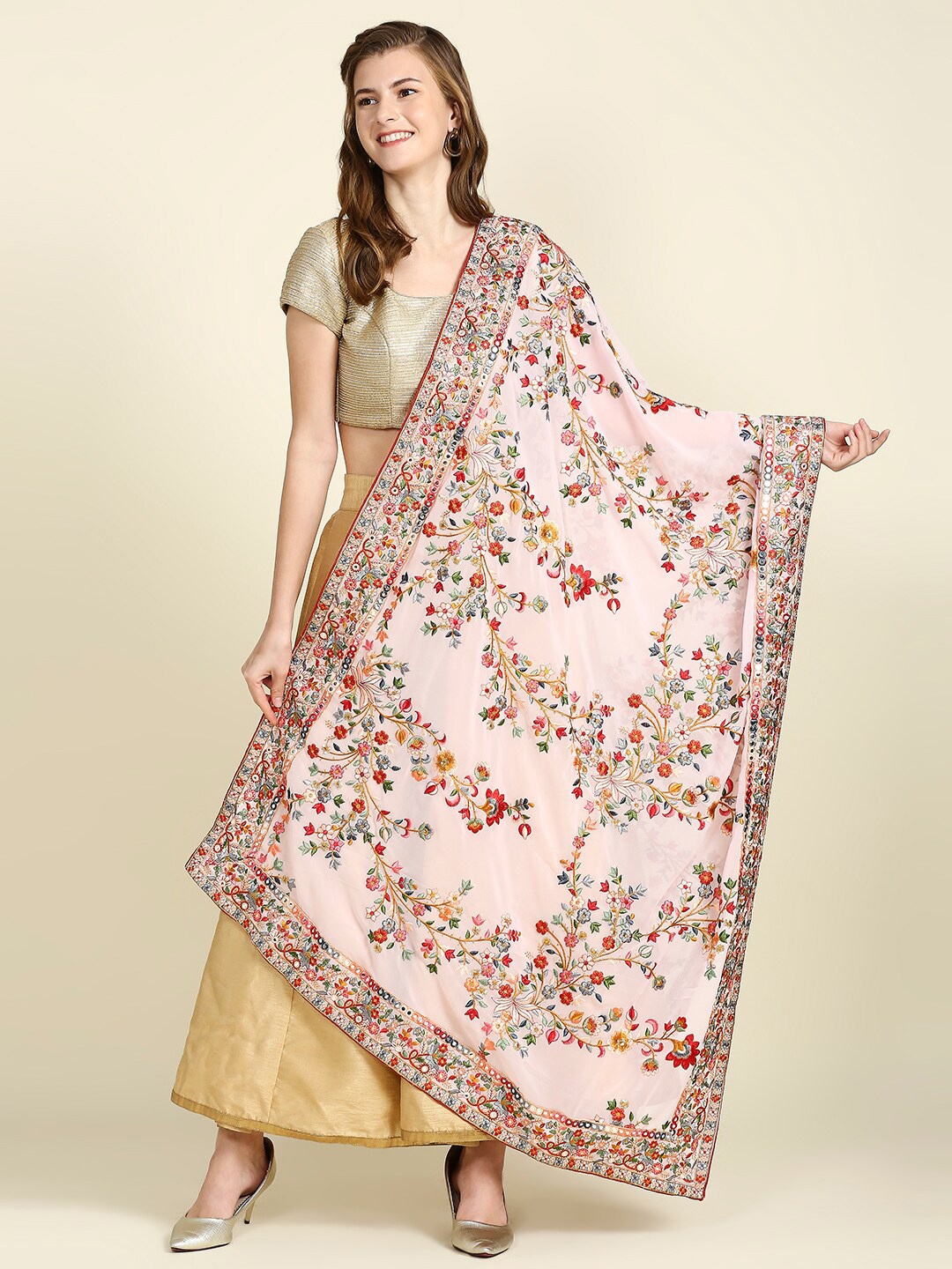 

Dupatta Bazaar Women Embroidered Dupatta with Mirror Work, Peach
