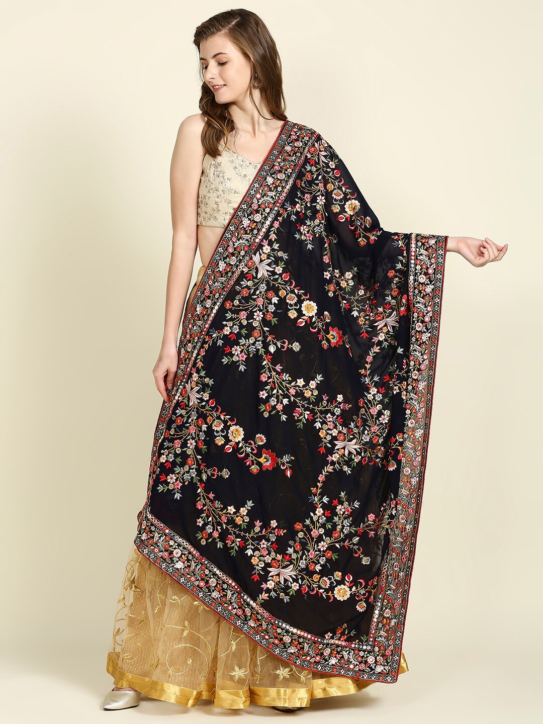 

Dupatta Bazaar Women Embroidered Dupatta with Mirror Work, Navy blue