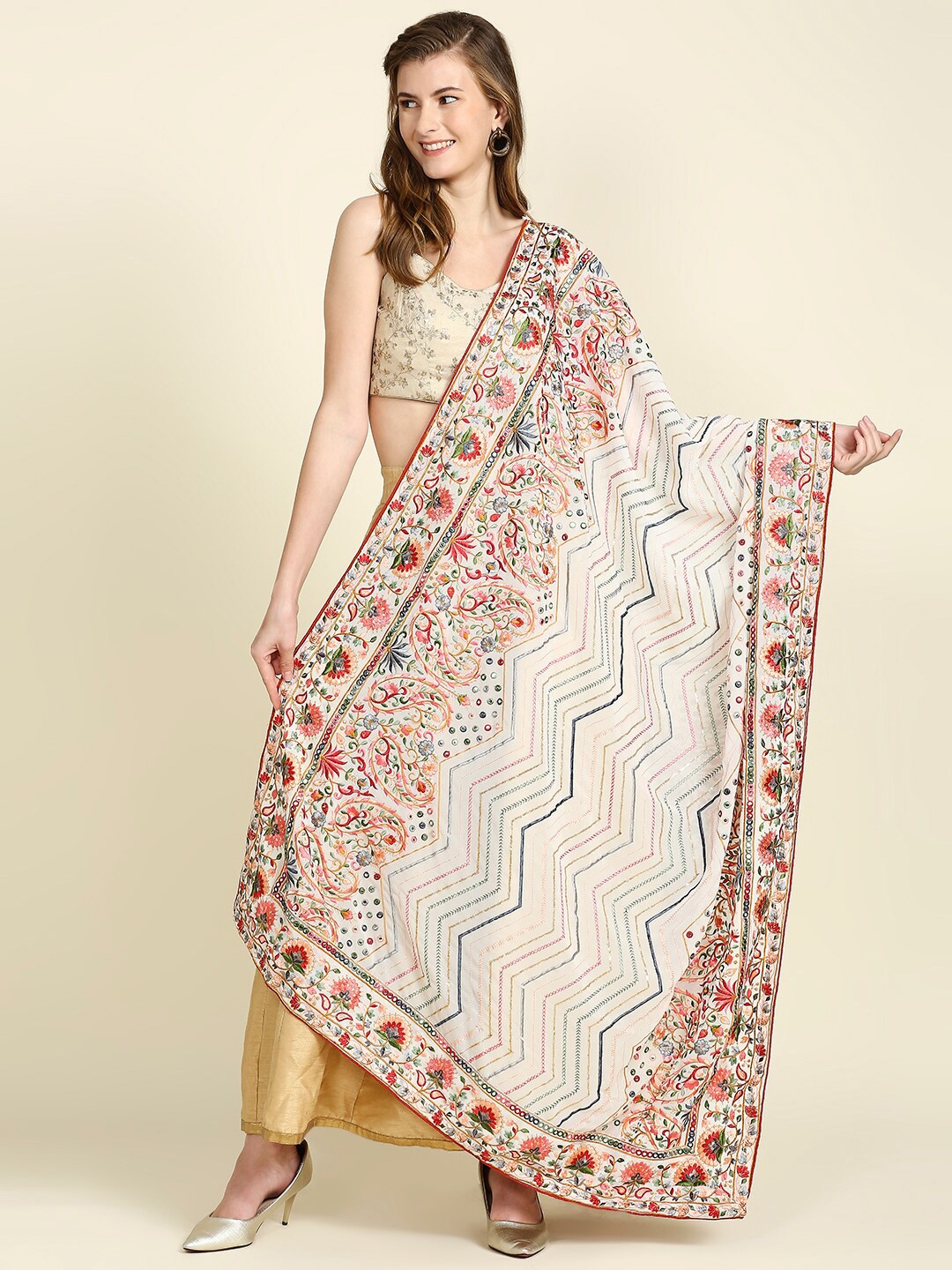 

Dupatta Bazaar Women Ethnic Motifs Embroidered Dupatta with Mirror Work, White