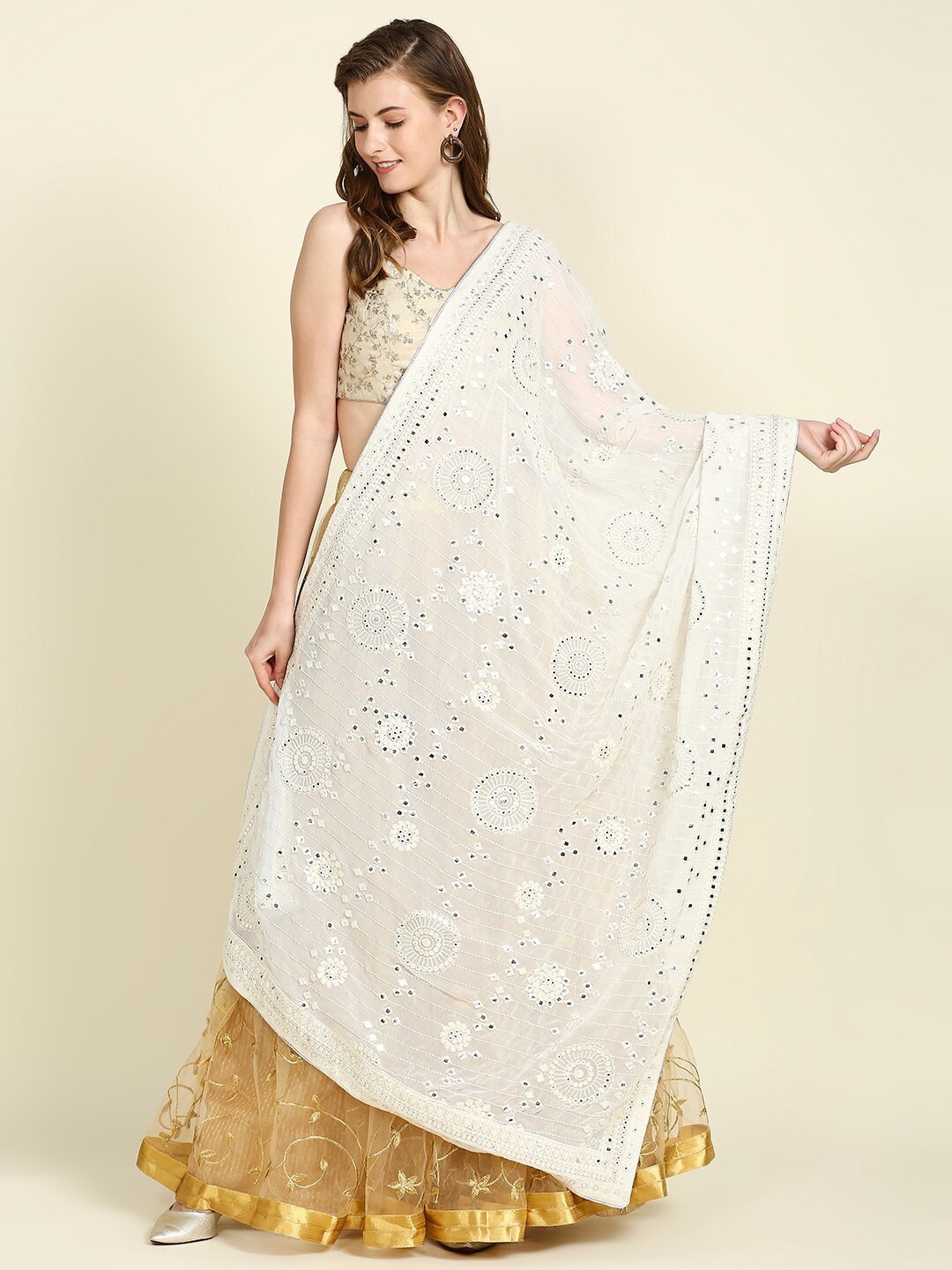 

Dupatta Bazaar Women Embroidered Dupatta with Mirror Work, White