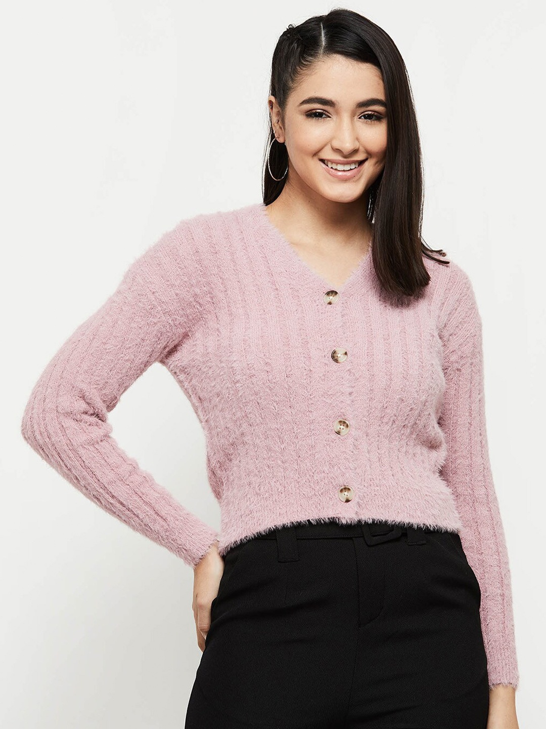 

max Women Striped Crop Cardigan, Pink