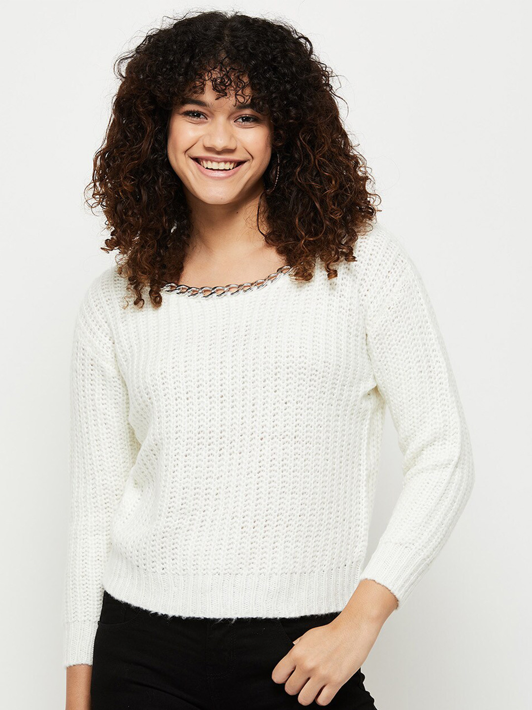 

max Women Self Design Crop Pullover, Cream