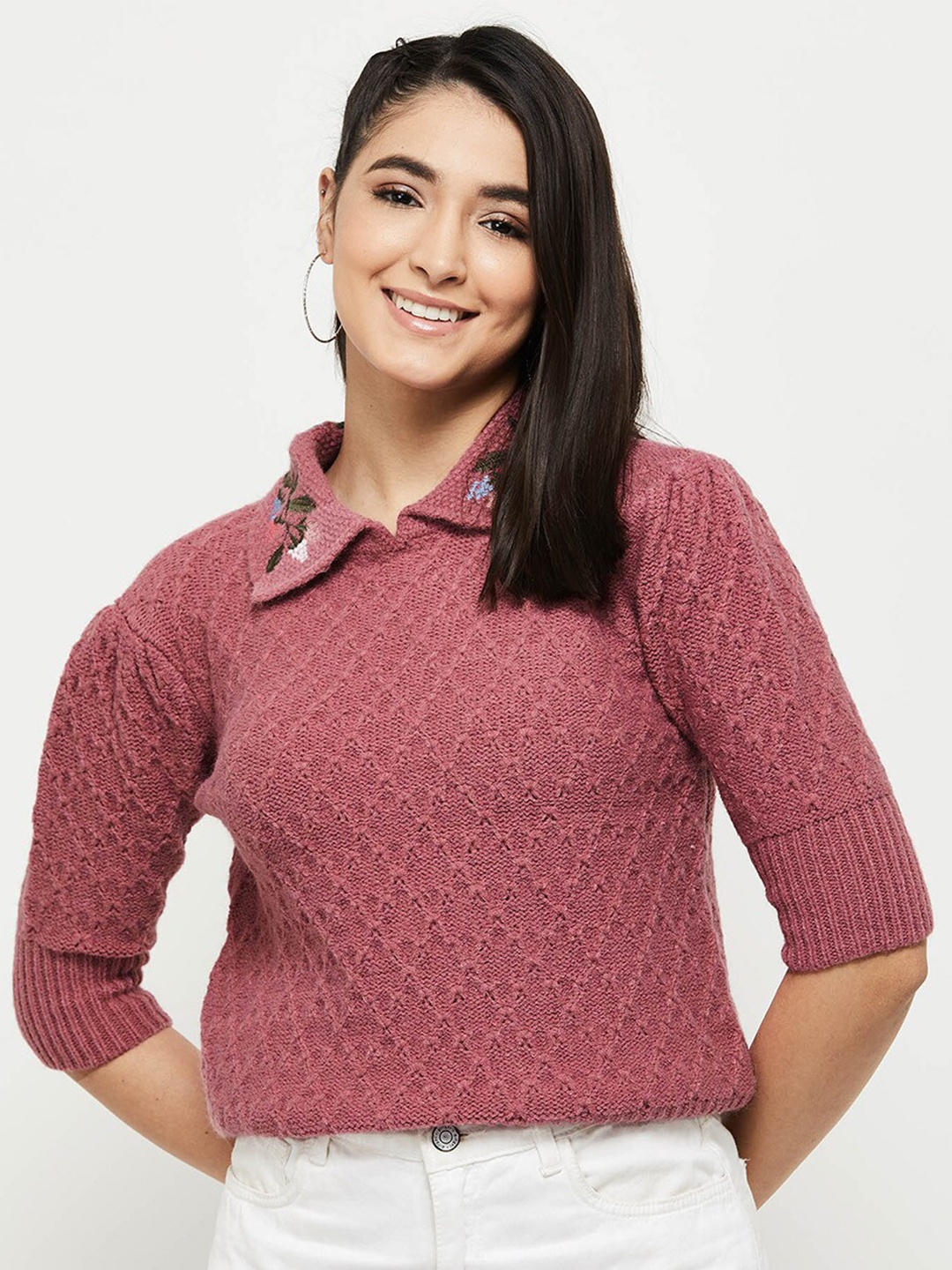 

max Women Embroidered Open Knit Pullover, Pink