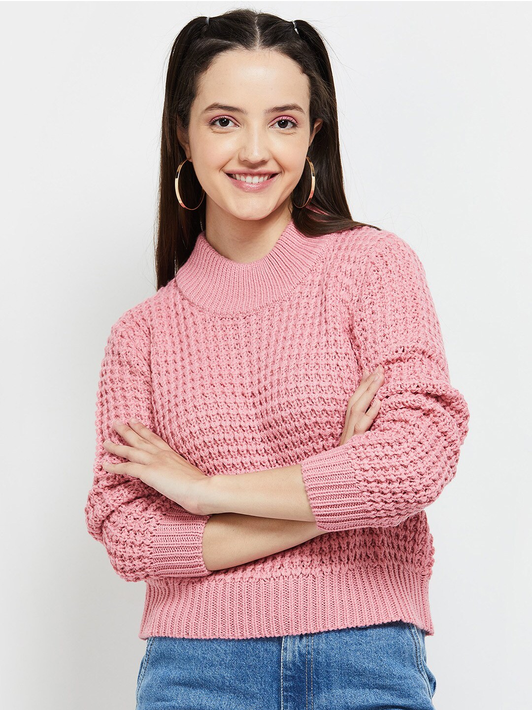 

max Women Open Knit Crop Pullover, Pink