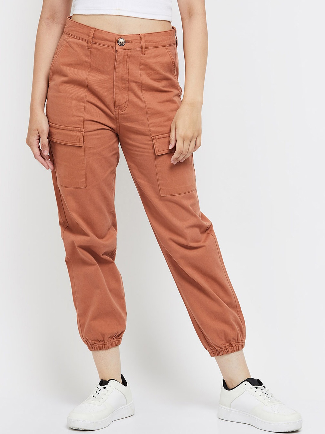 

max Women Solid Cropped Pure Cotton Joggers, Brown